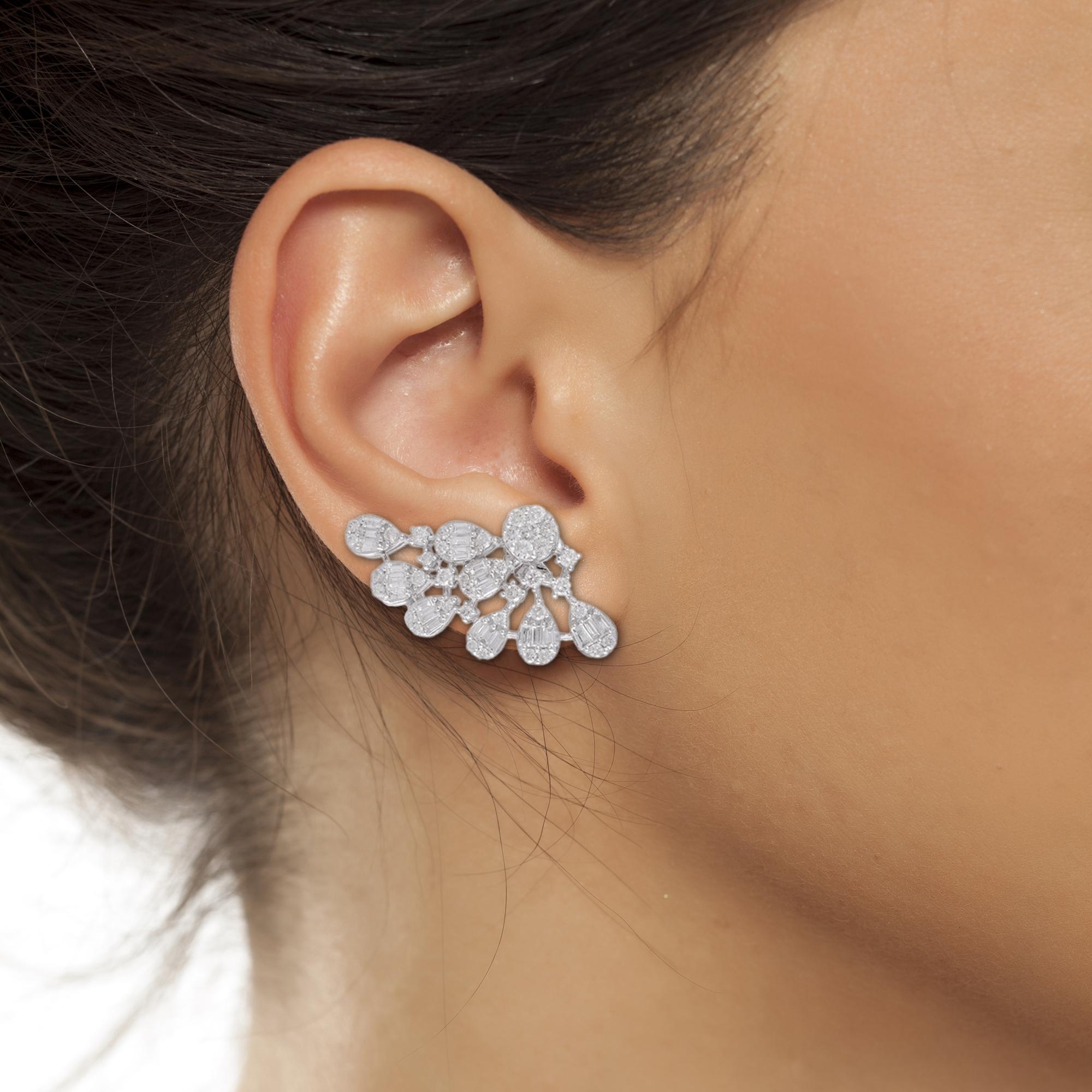 Women's 3.30 Carat SI Clarity HI Color Diamond Ear Cuff Earrings 18 Karat White Gold For Sale