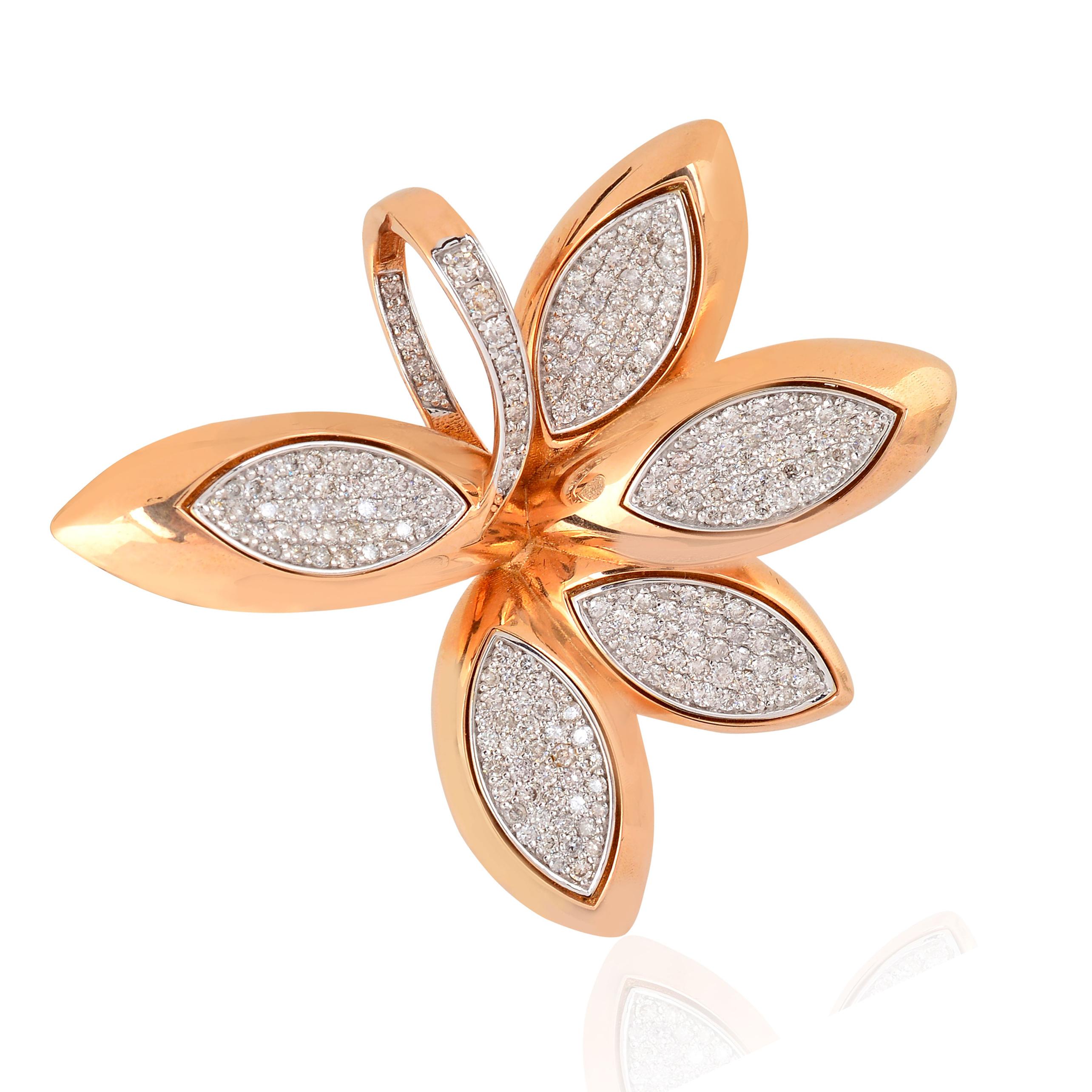 Round Cut Natural 3.30 Carat Diamond Flower Pendant 18 Karat Rose Gold Handmade Jewelry For Sale