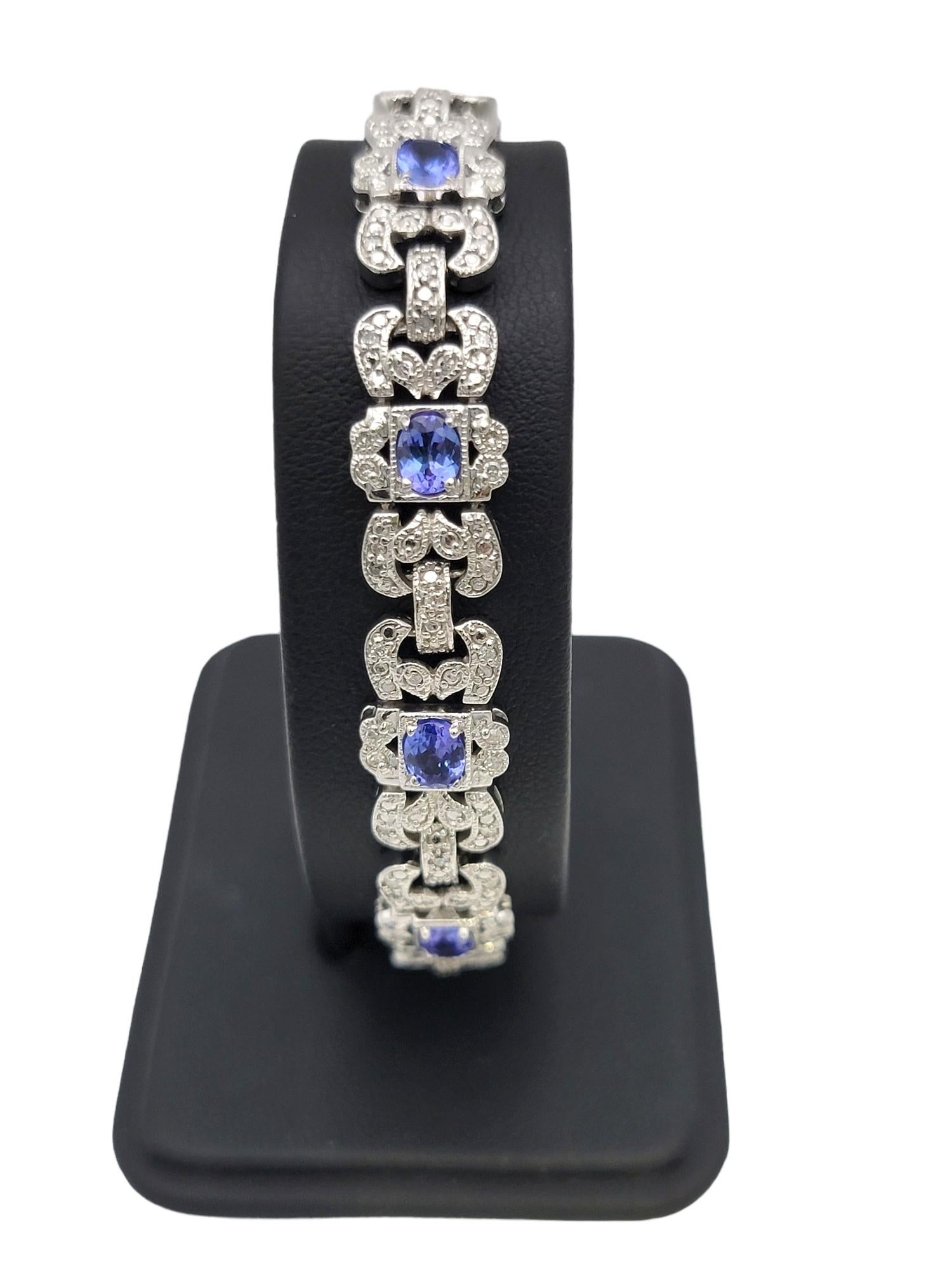 3.30 Carat Total Oval Tanzanite and Pave Diamond Milgrain Bracelet in White Gold For Sale 11