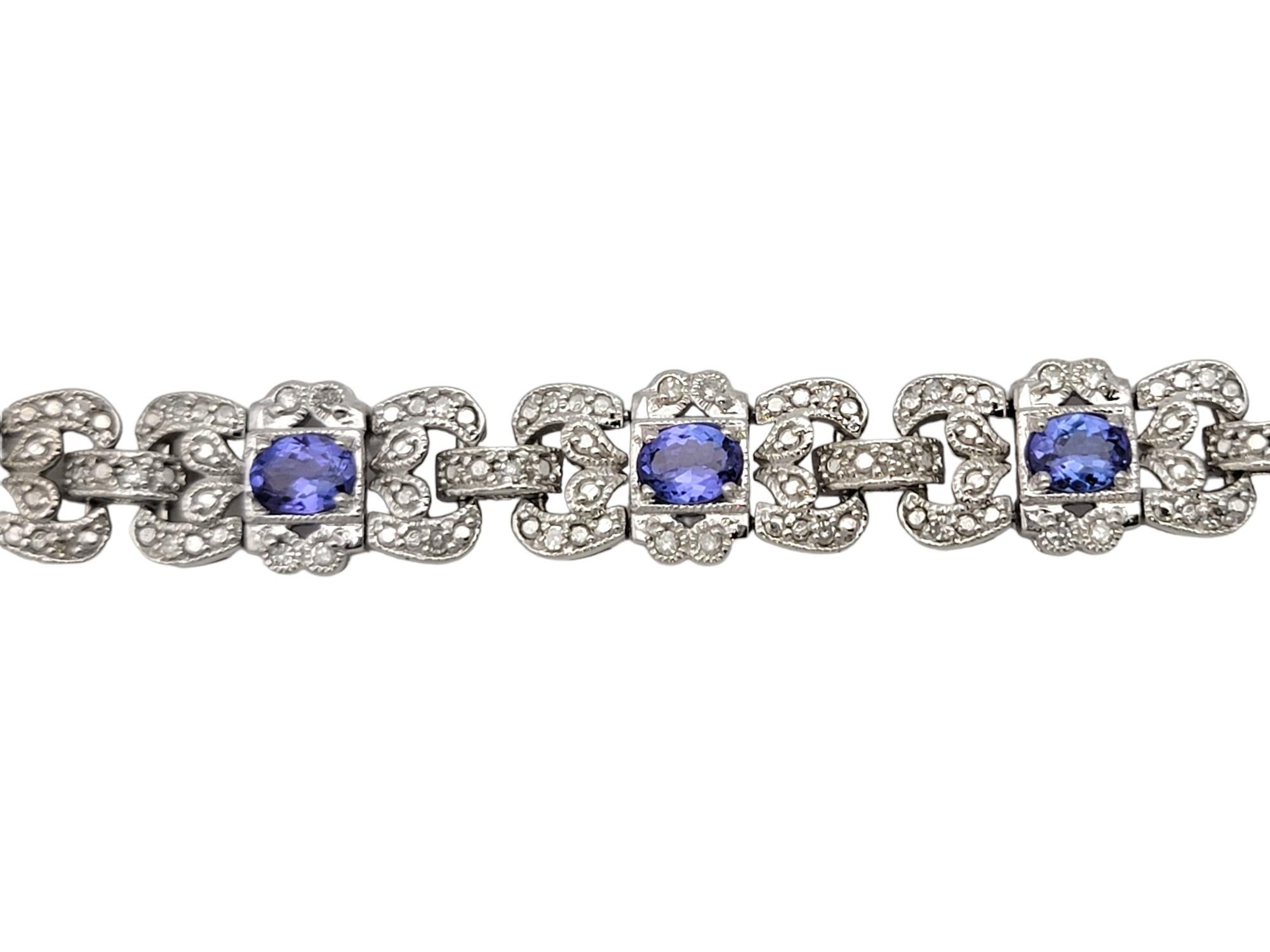3.30 Carat Total Oval Tanzanite and Pave Diamond Milgrain Bracelet in White Gold In Good Condition For Sale In Scottsdale, AZ
