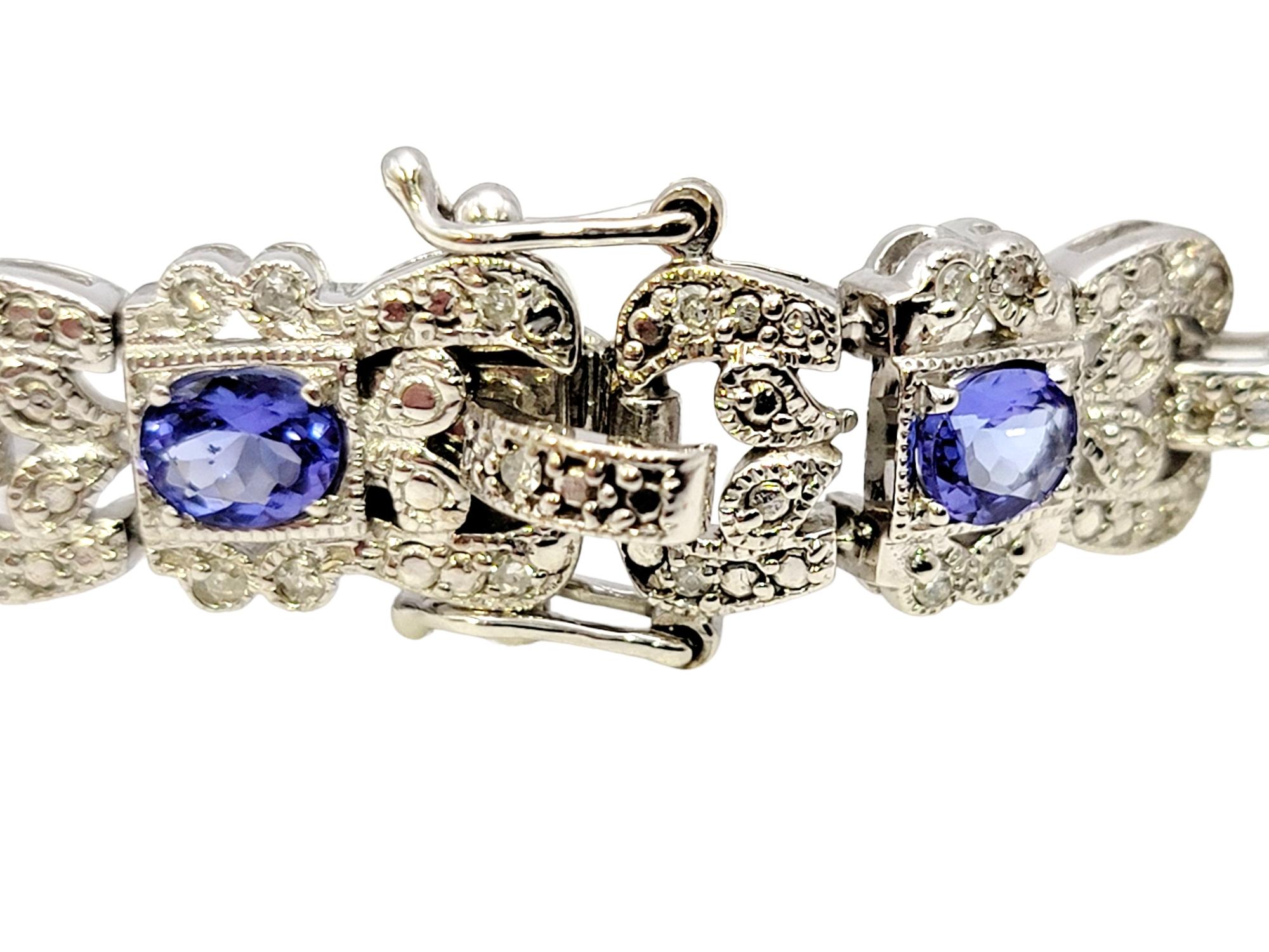 3.30 Carat Total Oval Tanzanite and Pave Diamond Milgrain Bracelet in White Gold For Sale 2