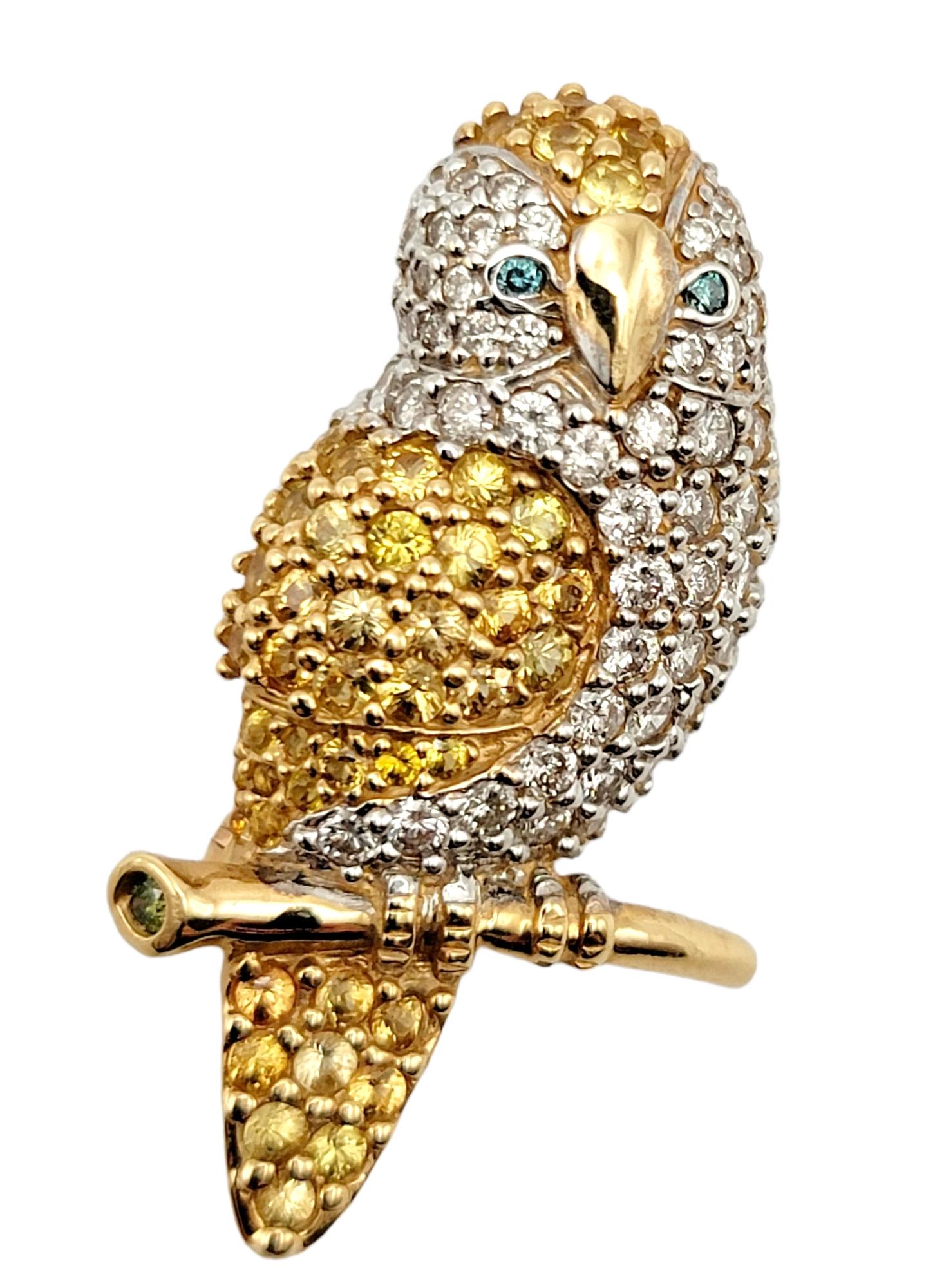 Round Cut Unique Owl Brooch with Diamonds and Yellow Sapphires 14 Karat Gold 3.30 Carats