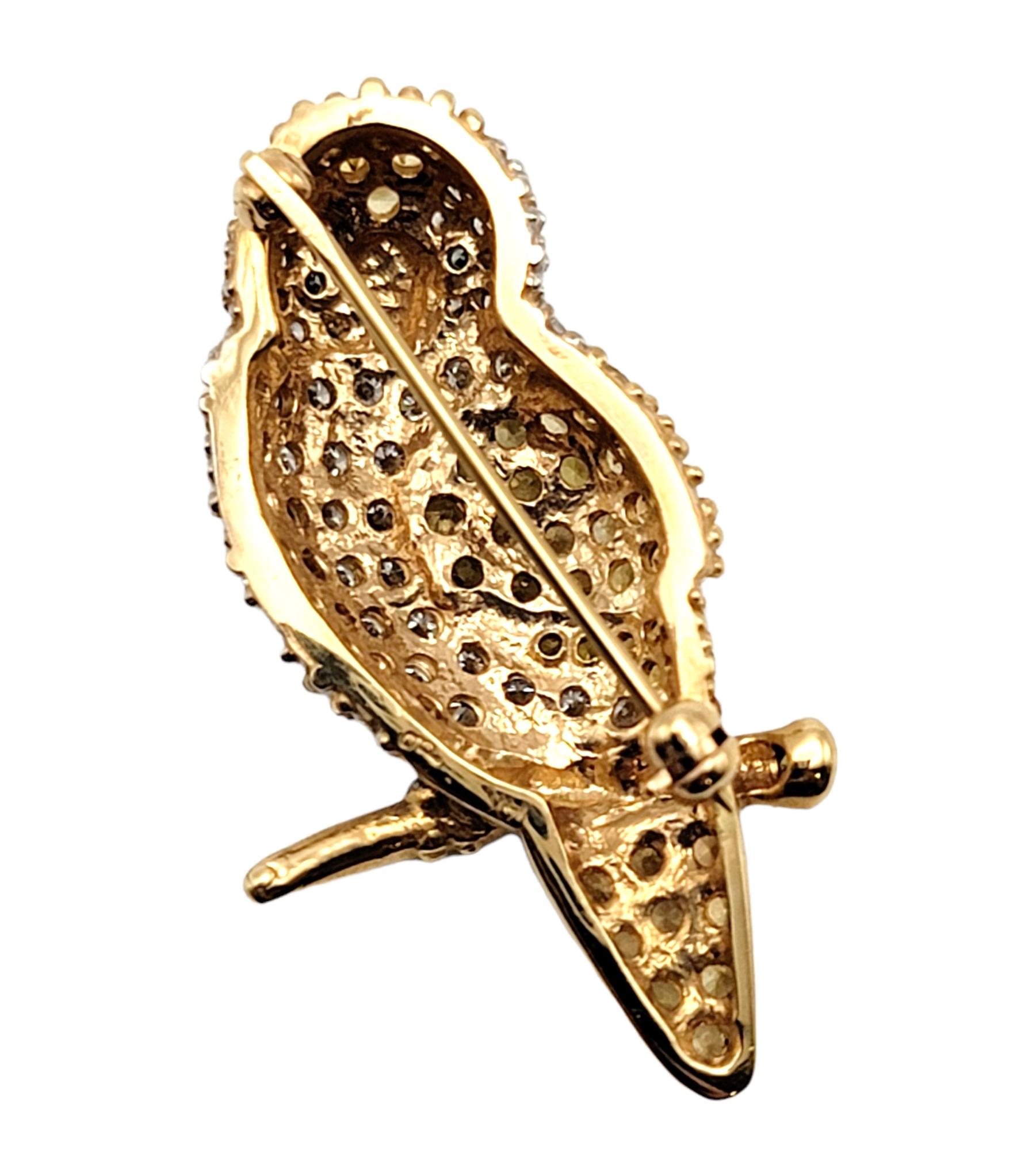 Women's or Men's Unique Owl Brooch with Diamonds and Yellow Sapphires 14 Karat Gold 3.30 Carats