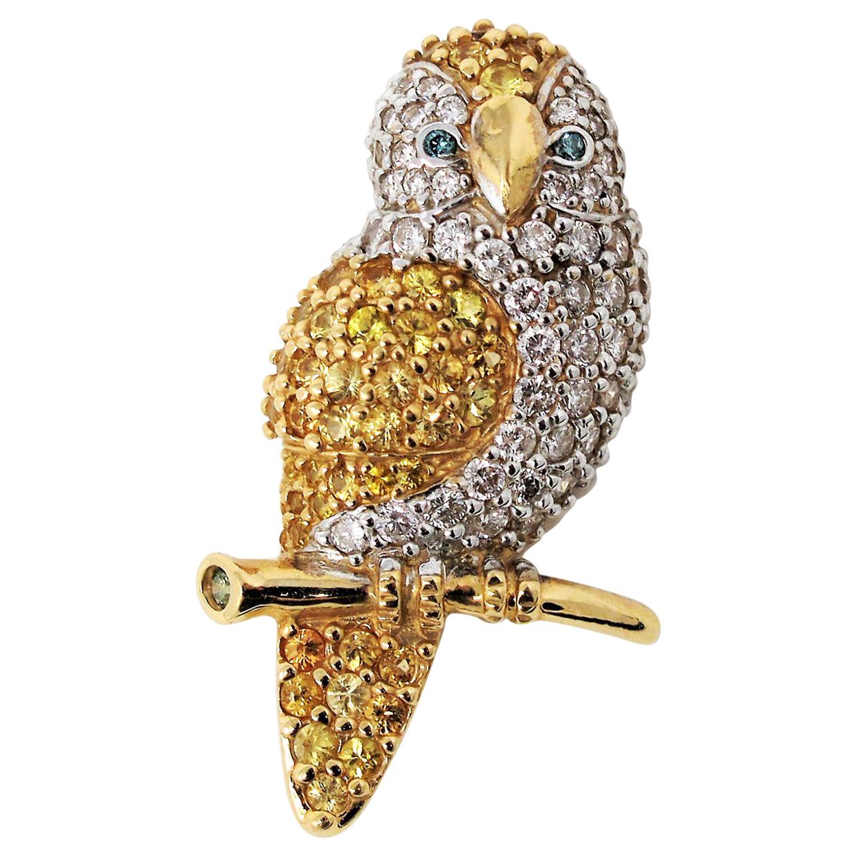 Unique Owl Brooch with Diamonds and Yellow Sapphires 14 Karat Gold 3.30 Carats