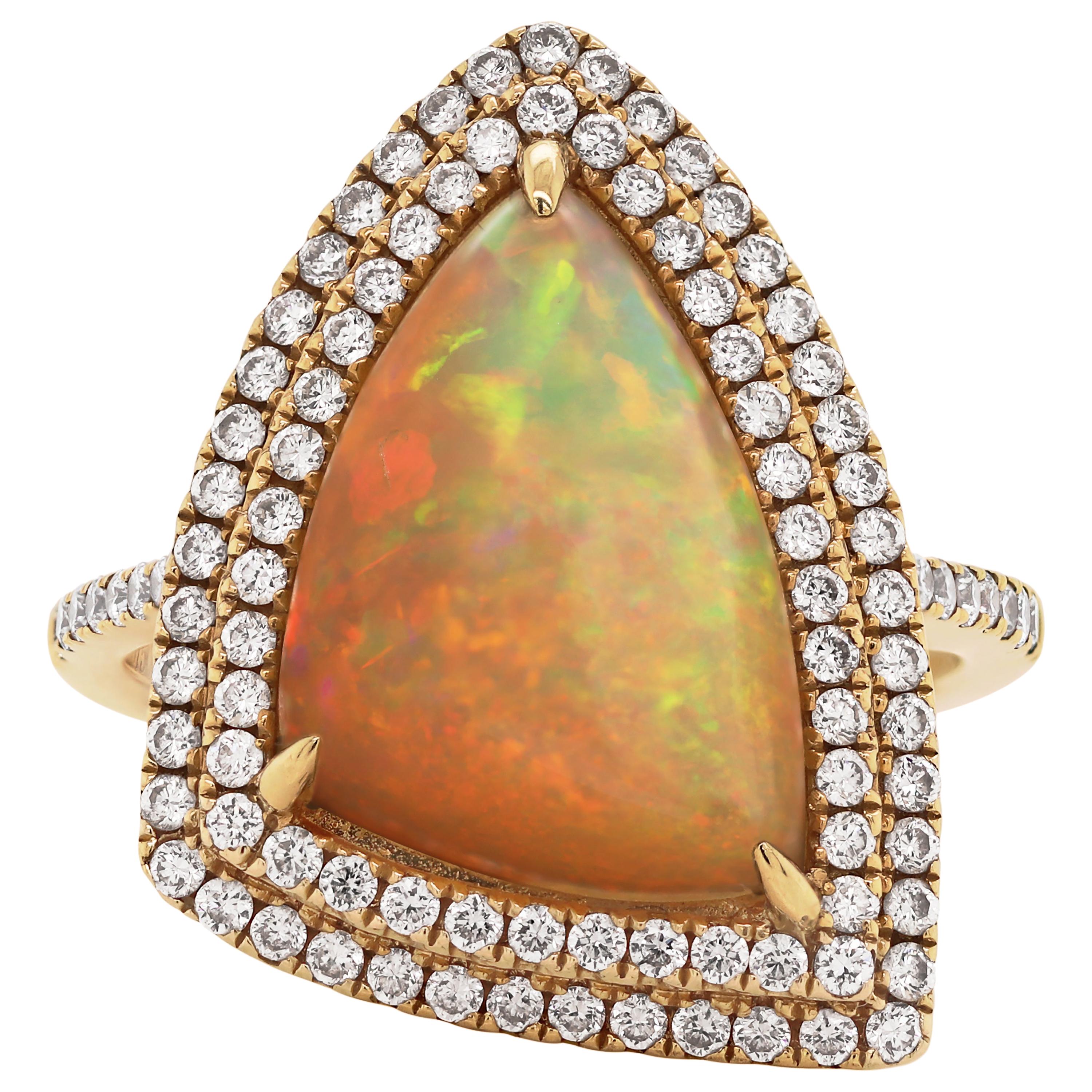 3.30 Carat Trilliant Cabochon Opal and Diamond 18 Carat Gold Cocktail Ring