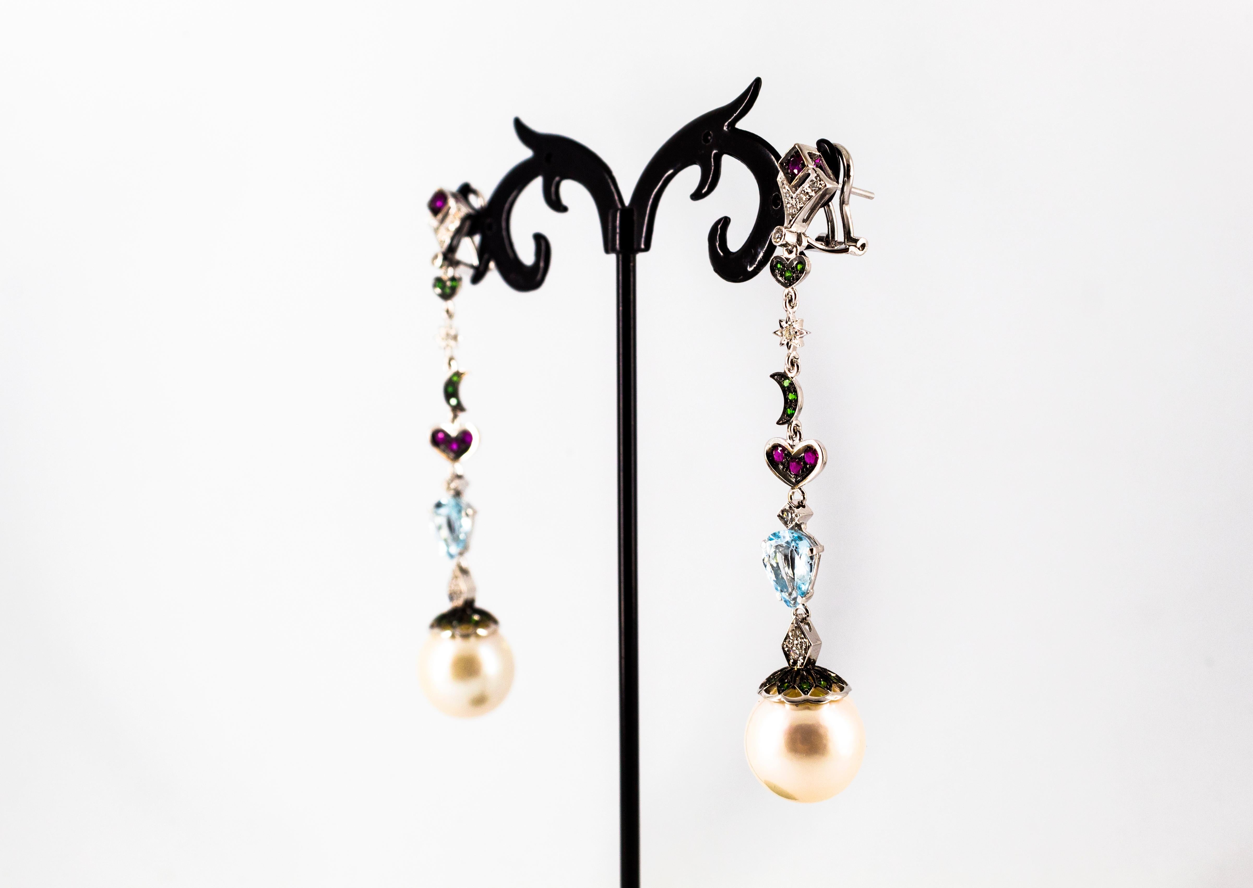 3.30 Carat White Diamond Emerald Ruby Aquamarine Pearl White Gold Drop Earrings For Sale 5