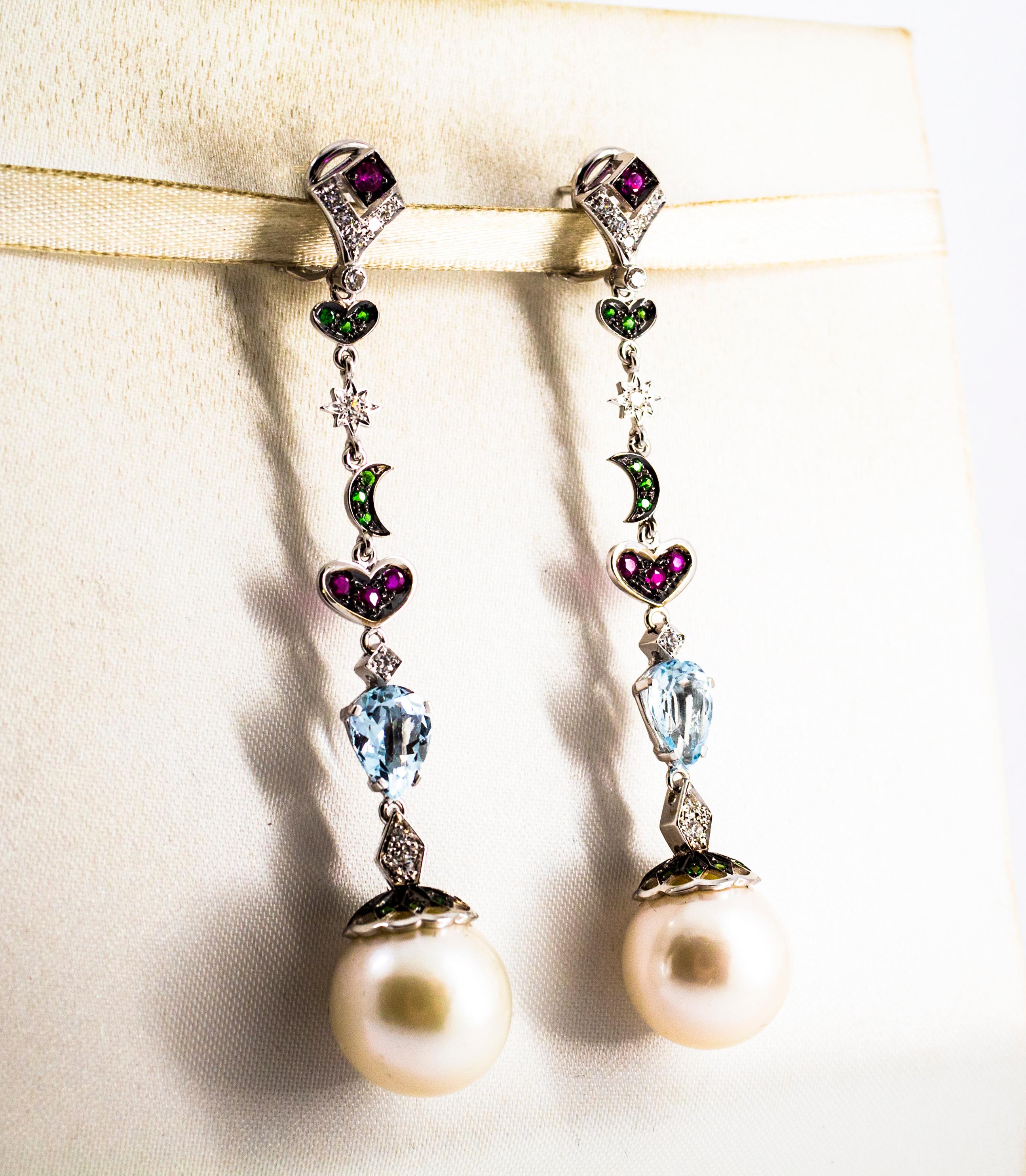 Art Nouveau 3.30 Carat White Diamond Emerald Ruby Aquamarine Pearl White Gold Drop Earrings For Sale