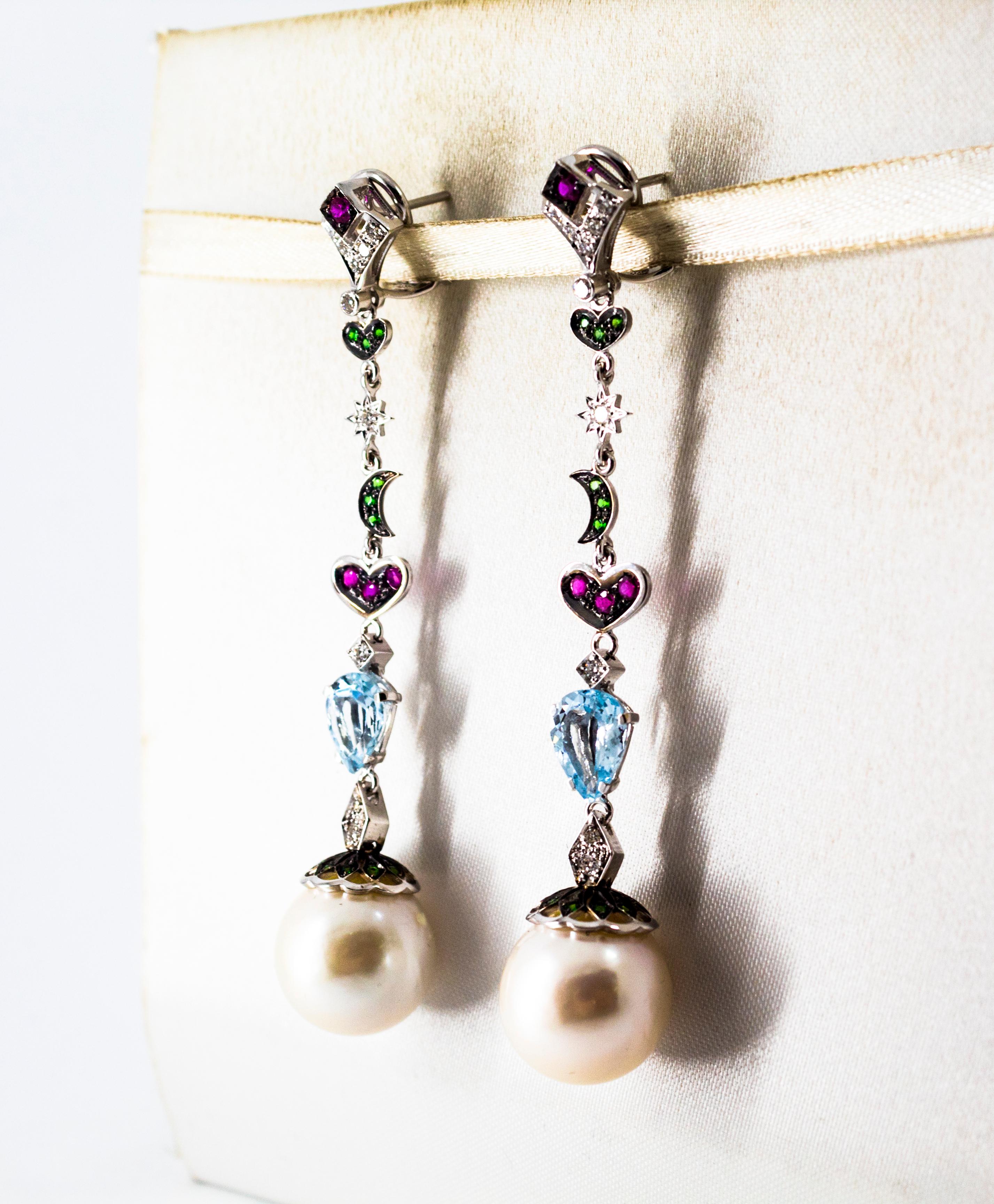 Brilliant Cut 3.30 Carat White Diamond Emerald Ruby Aquamarine Pearl White Gold Drop Earrings For Sale