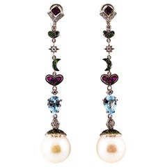 3.30 Carat White Diamond Emerald Ruby Aquamarine Pearl White Gold Drop Earrings