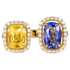 Bague Toi et Moi en or jaune 18 carats avec saphirs jaunes et bleus de 3,30 carats