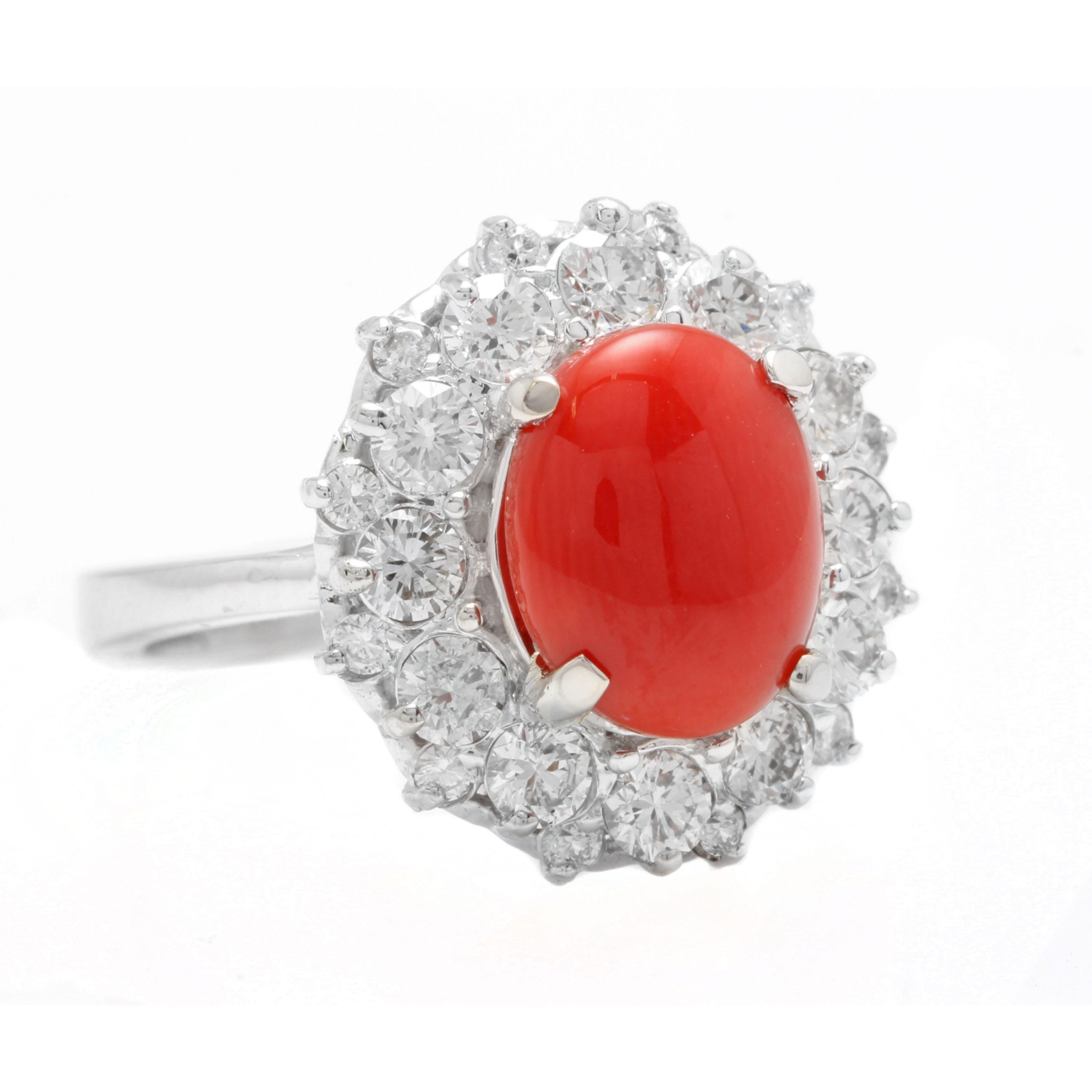 3.30 Carats Impressive Coral and Diamond 14K White Gold Ring

Total Natural Oval Coral Weight is: Approx. 2.00 Carats

Coral Measures: 10.00 x 8.00mm

Natural Round Diamonds Weight: Approx. 1.30 Carats (color G-H / Clarity SI1-SI2)

Ring size: 6.25