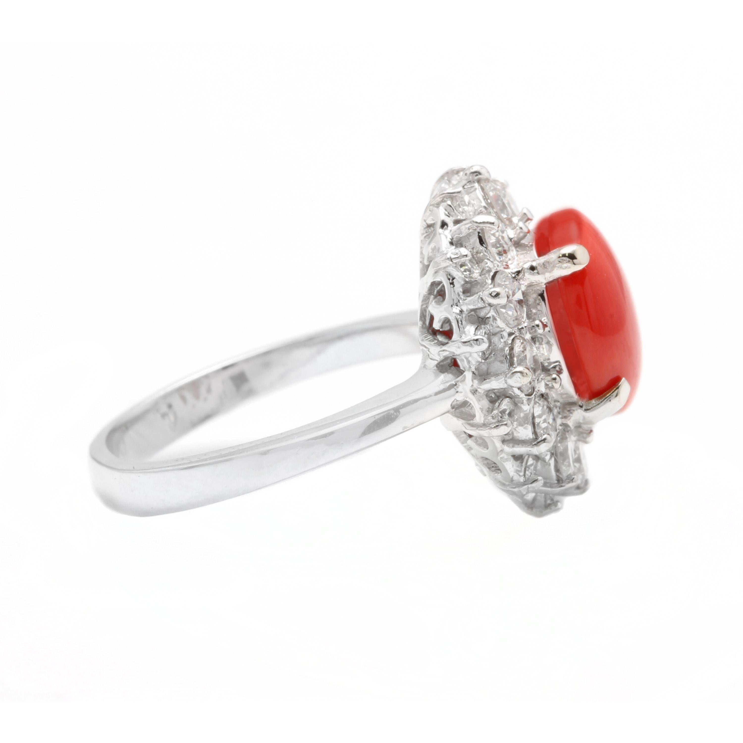 Mixed Cut 3.30 Carat Impressive Coral and Diamond 14 Karat White Gold Ring For Sale