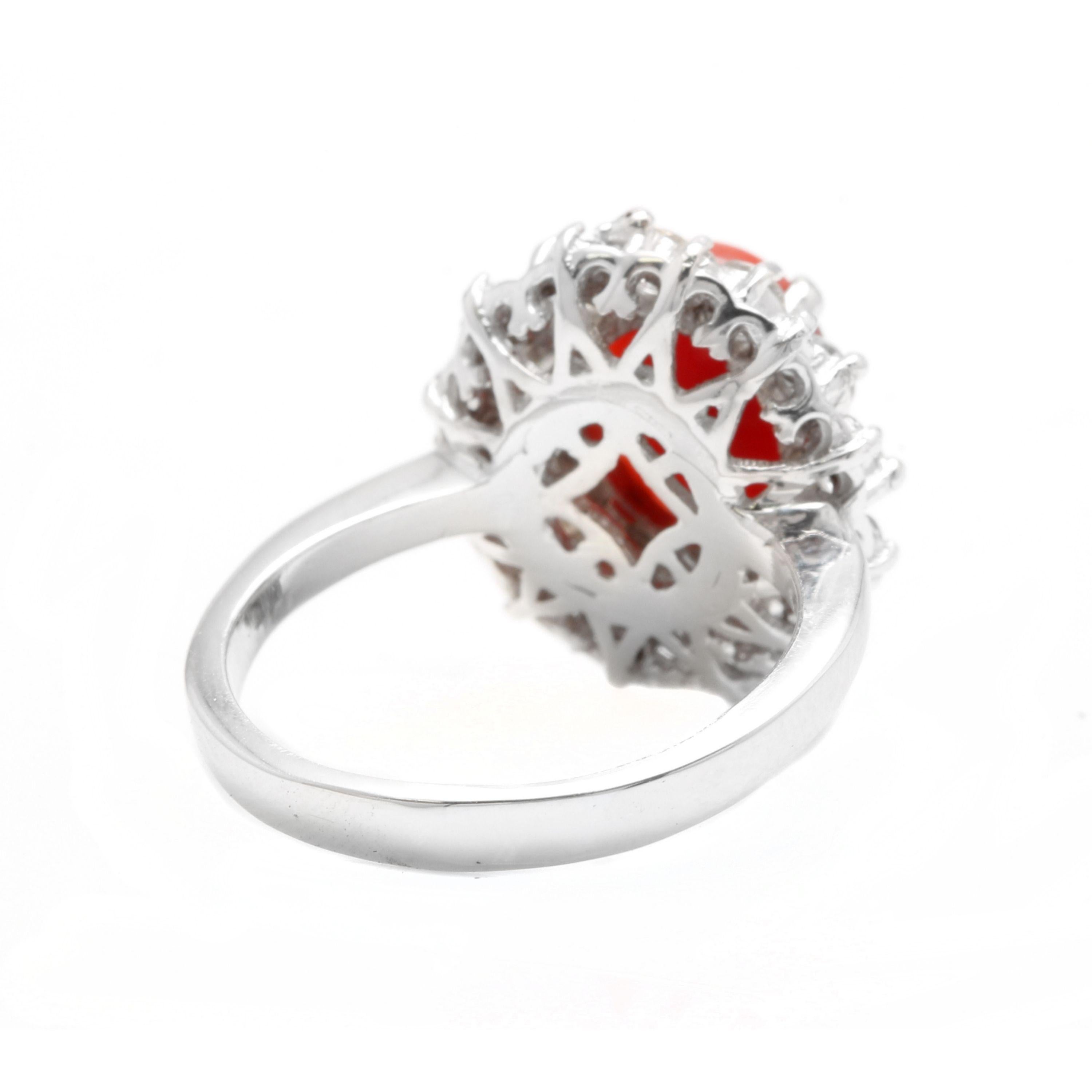 3.30 Carat Impressive Coral and Diamond 14 Karat White Gold Ring In New Condition For Sale In Los Angeles, CA