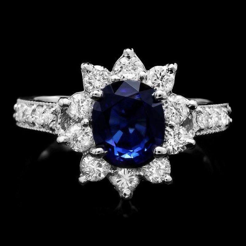 Mixed Cut 3.30 Carats Natural Blue Sapphire and Diamond 14K Solid White Gold Ring For Sale