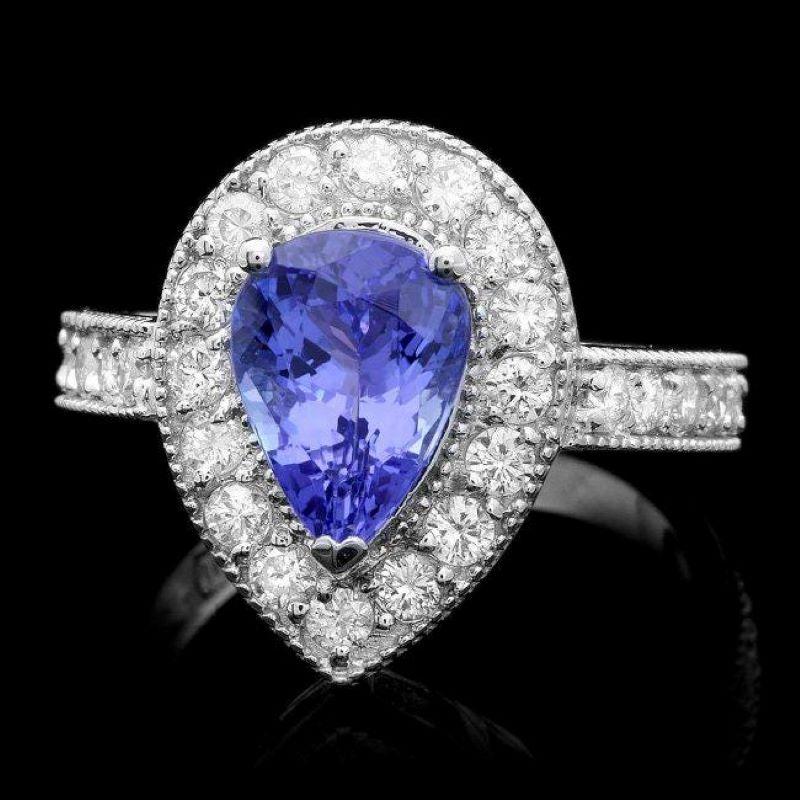 Mixed Cut 3.30 Carats Natural Tanzanite and Diamond 14K Solid White Gold Ring For Sale