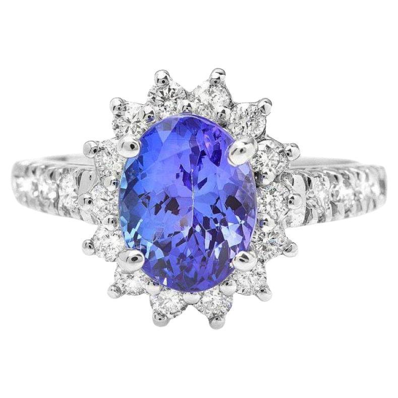 3.30 Carats Natural Tanzanite and Diamond 14K Solid White Gold Ring For Sale