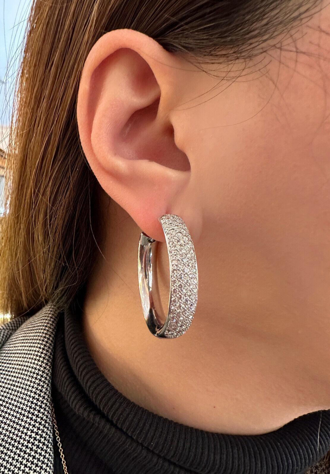 Round Cut 3.30 carats Round Large Hoop Pavé Diamond Earrings 18k White Gold For Sale