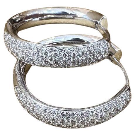 3.30 carats Round Large Hoop Pavé Diamond Earrings 18k White Gold For Sale