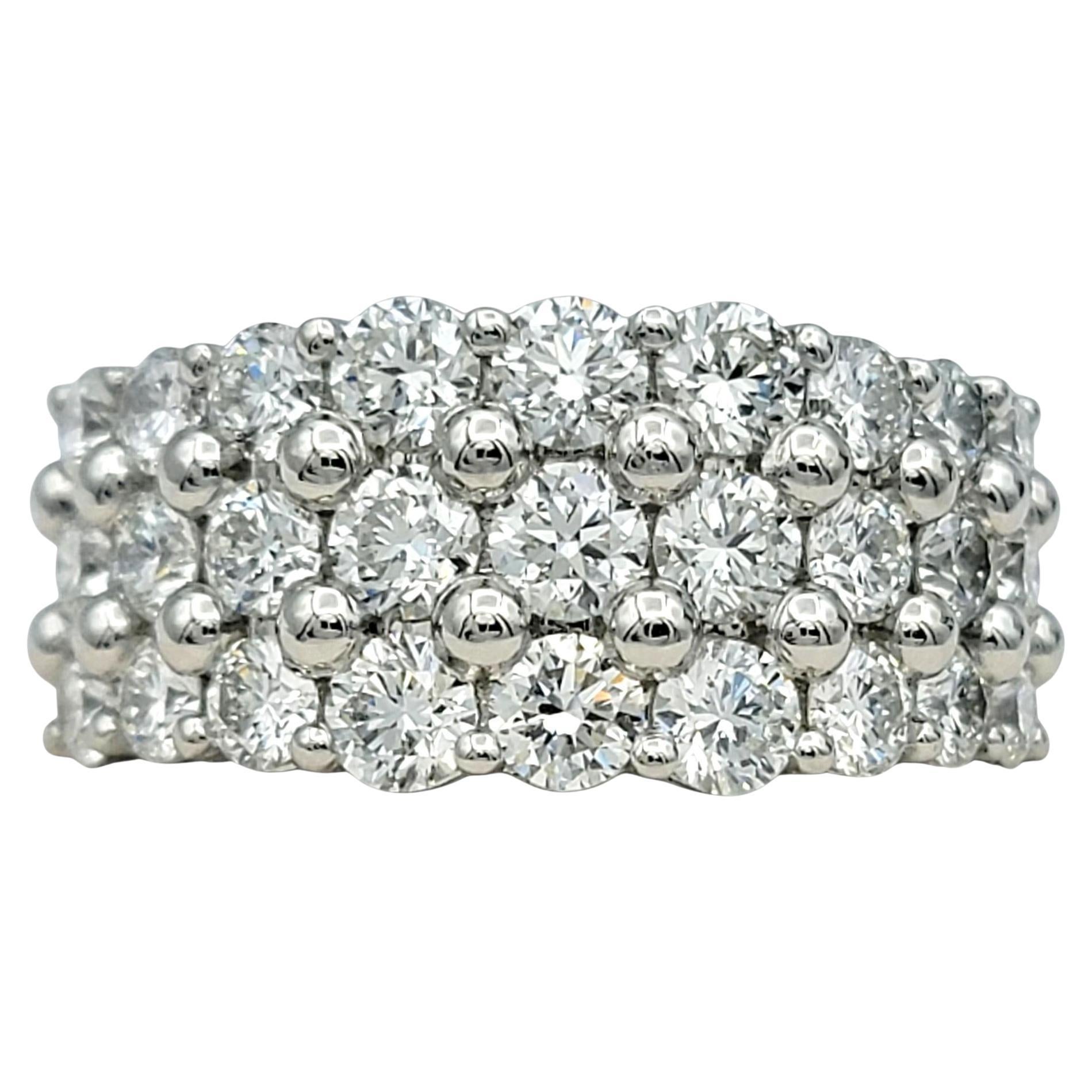 3.30 Carats Total Three Row Round Brilliant Diamond Wide Band Ring in Platinum