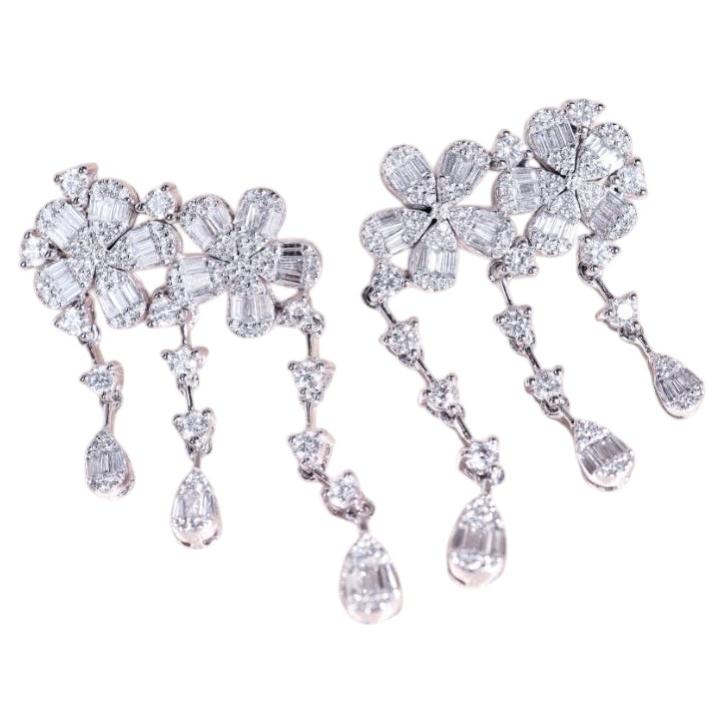 3.30 Ct Mixed Shape Illusion Diamonds 18K Gold Earrings For Sale