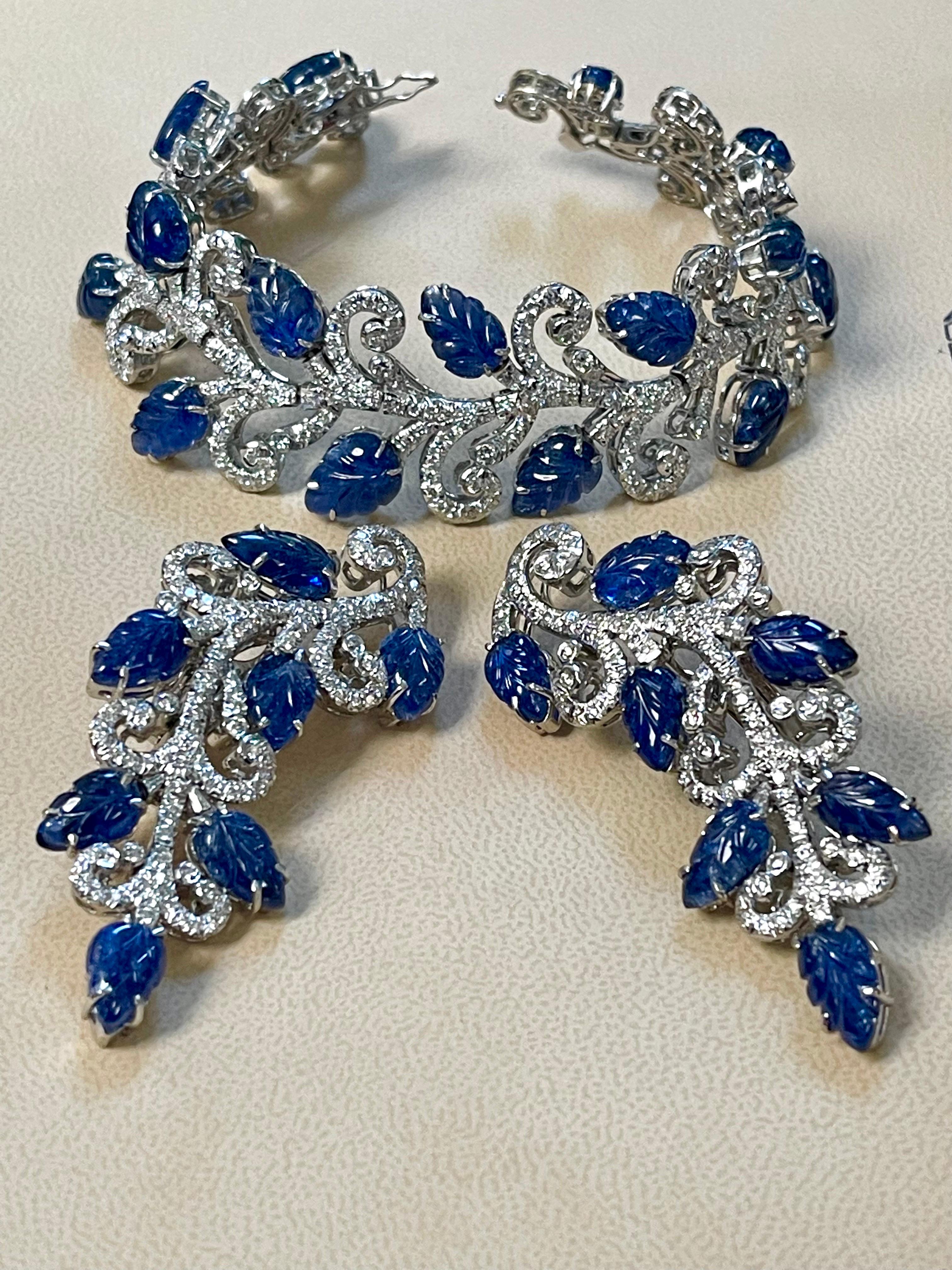 330 Ct Natural Carved Blue Sapphire & 65 Ct Diamond Necklace Bracelet & Earring For Sale 4