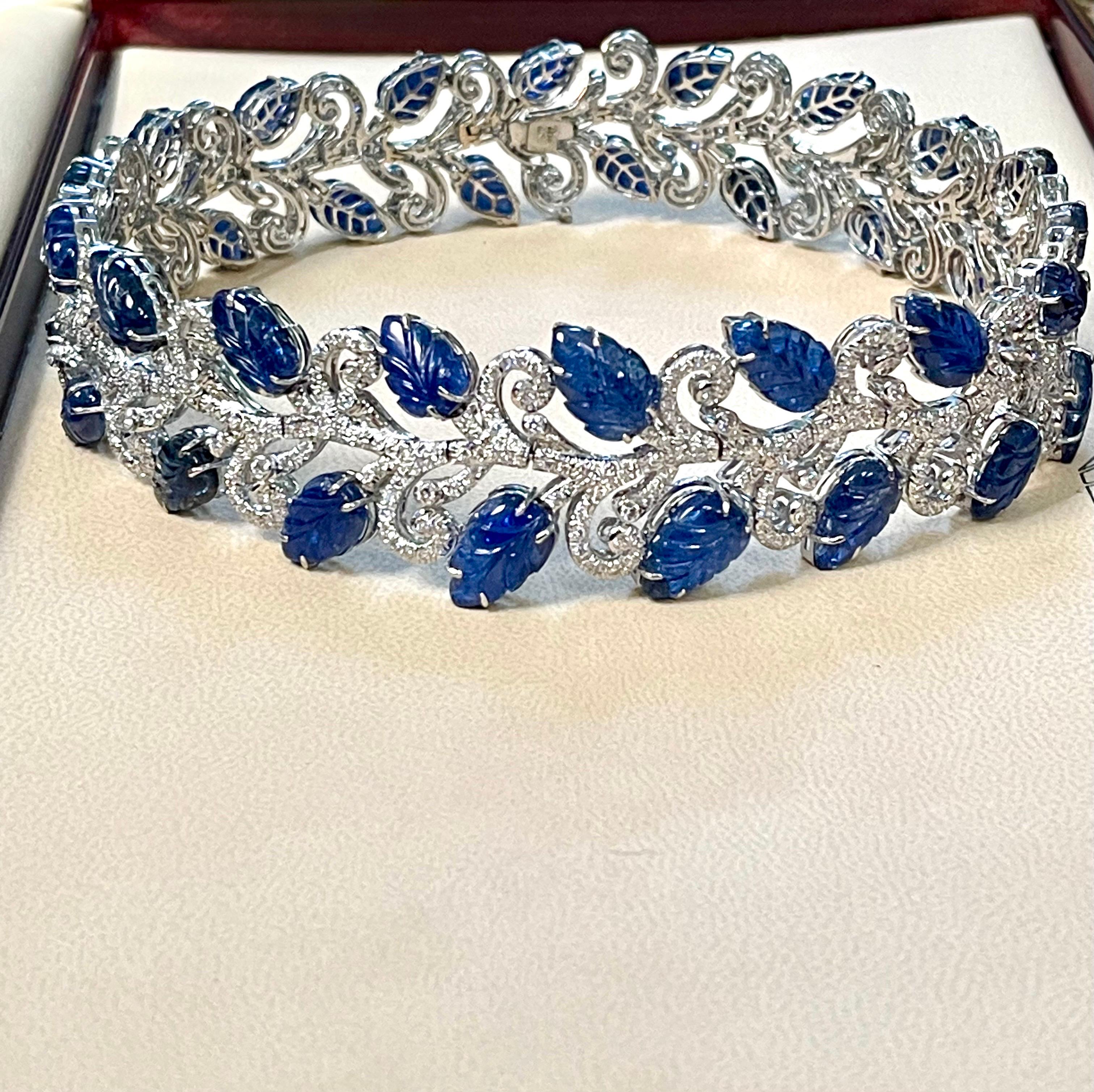 330 Ct Natural Carved Blue Sapphire & 65 Ct Diamond Necklace Bracelet & Earring For Sale 7
