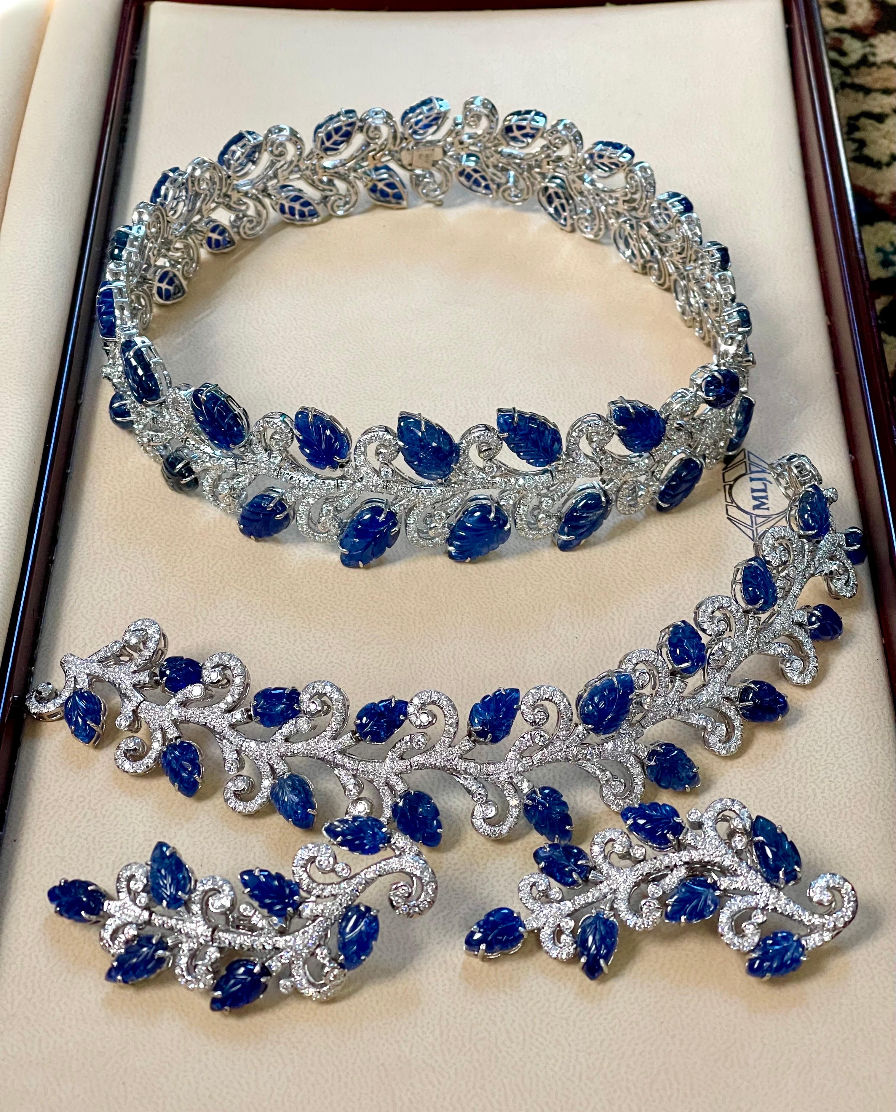 330 Ct Natural Carved Blue Sapphire & 65 Ct Diamond Necklace Bracelet & Earring For Sale 8