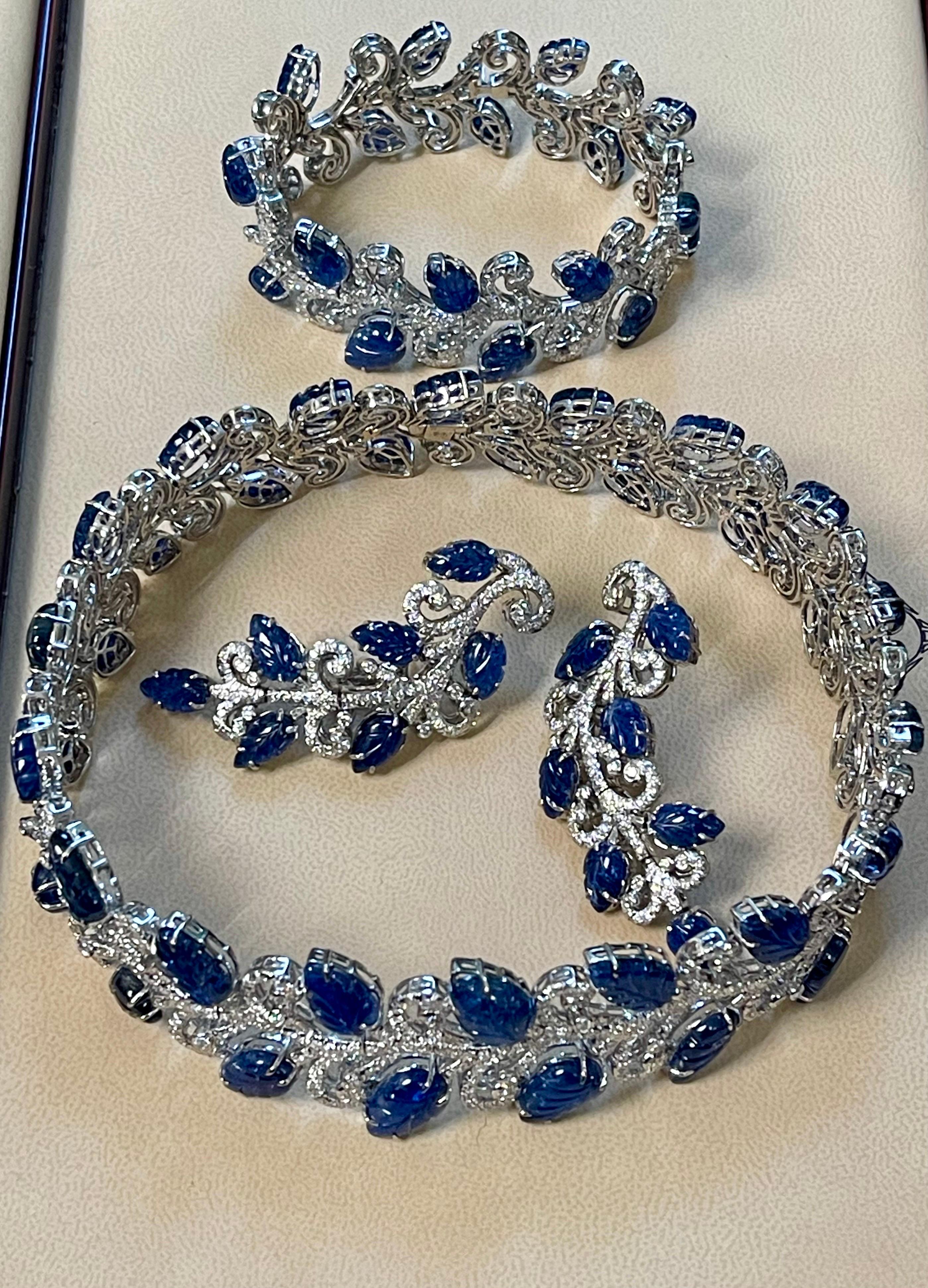 330 Ct Natural Carved Blue Sapphire & 65 Ct Diamond Necklace Bracelet & Earring For Sale 9