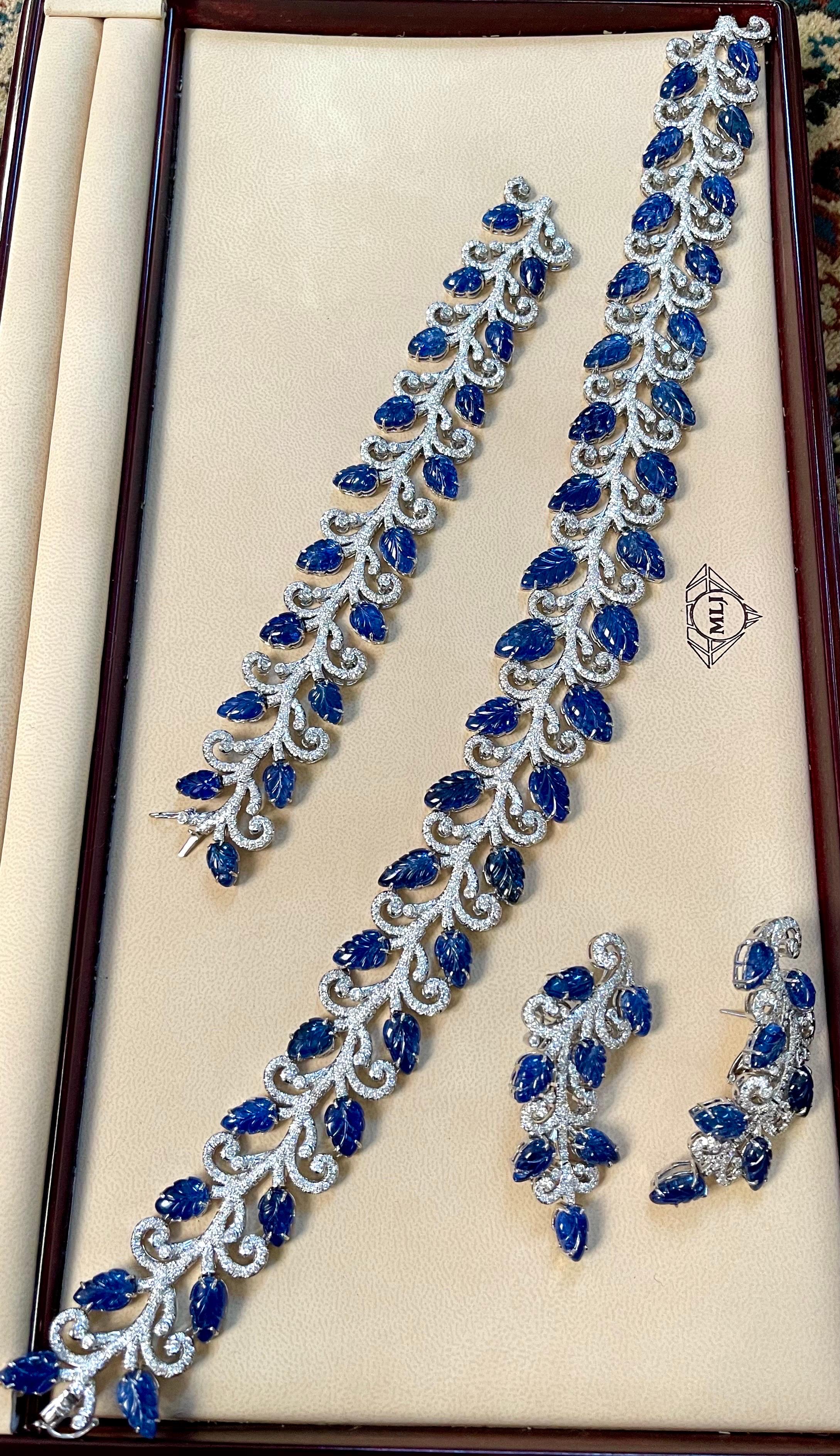 330 Ct Natural Carved Blue Sapphire & 65 Ct Diamond Necklace Bracelet & Earring For Sale 10