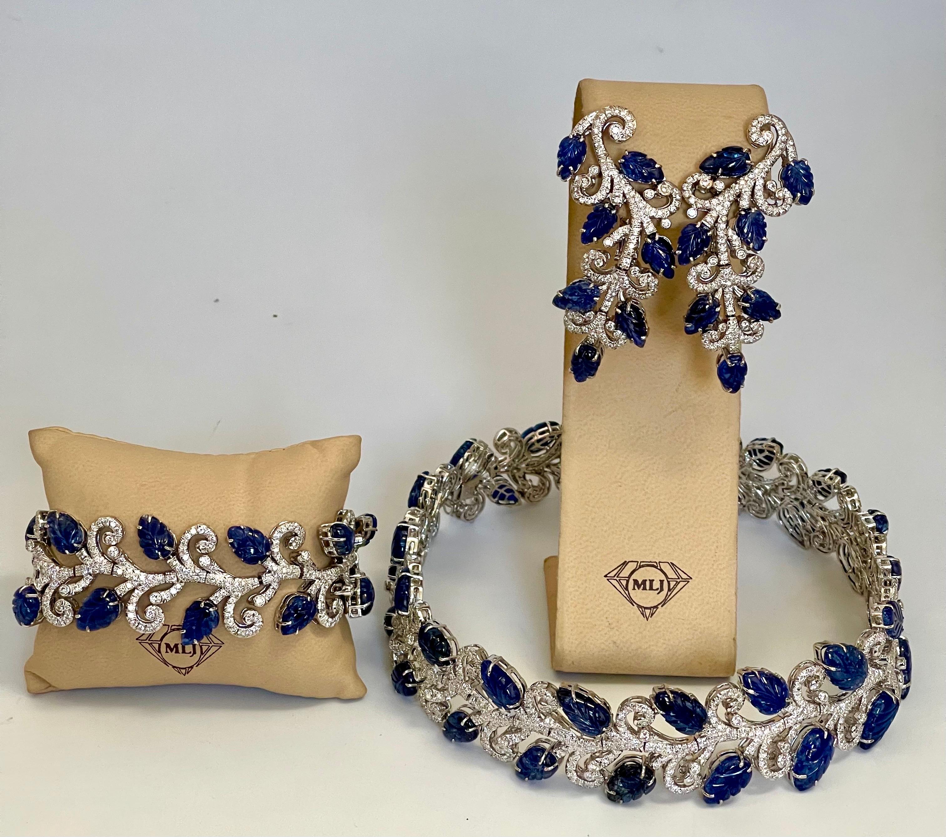 330 Ct Natural Carved Blue Sapphire & 65 Ct Diamond Necklace Bracelet & Earring For Sale 11