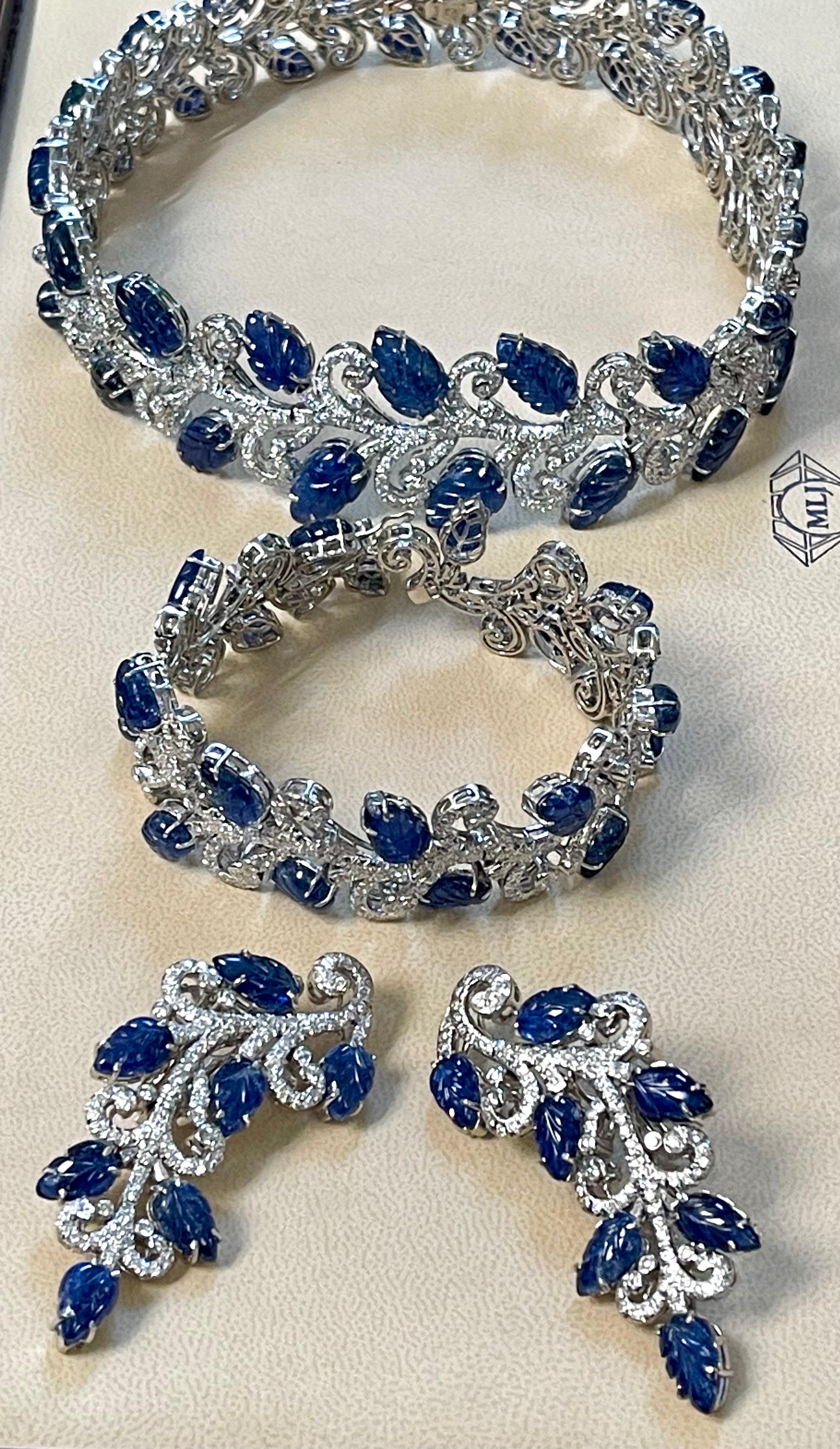 330 Ct Natural Carved Blue Sapphire & 65 Ct Diamond Necklace Bracelet & Earring For Sale 3