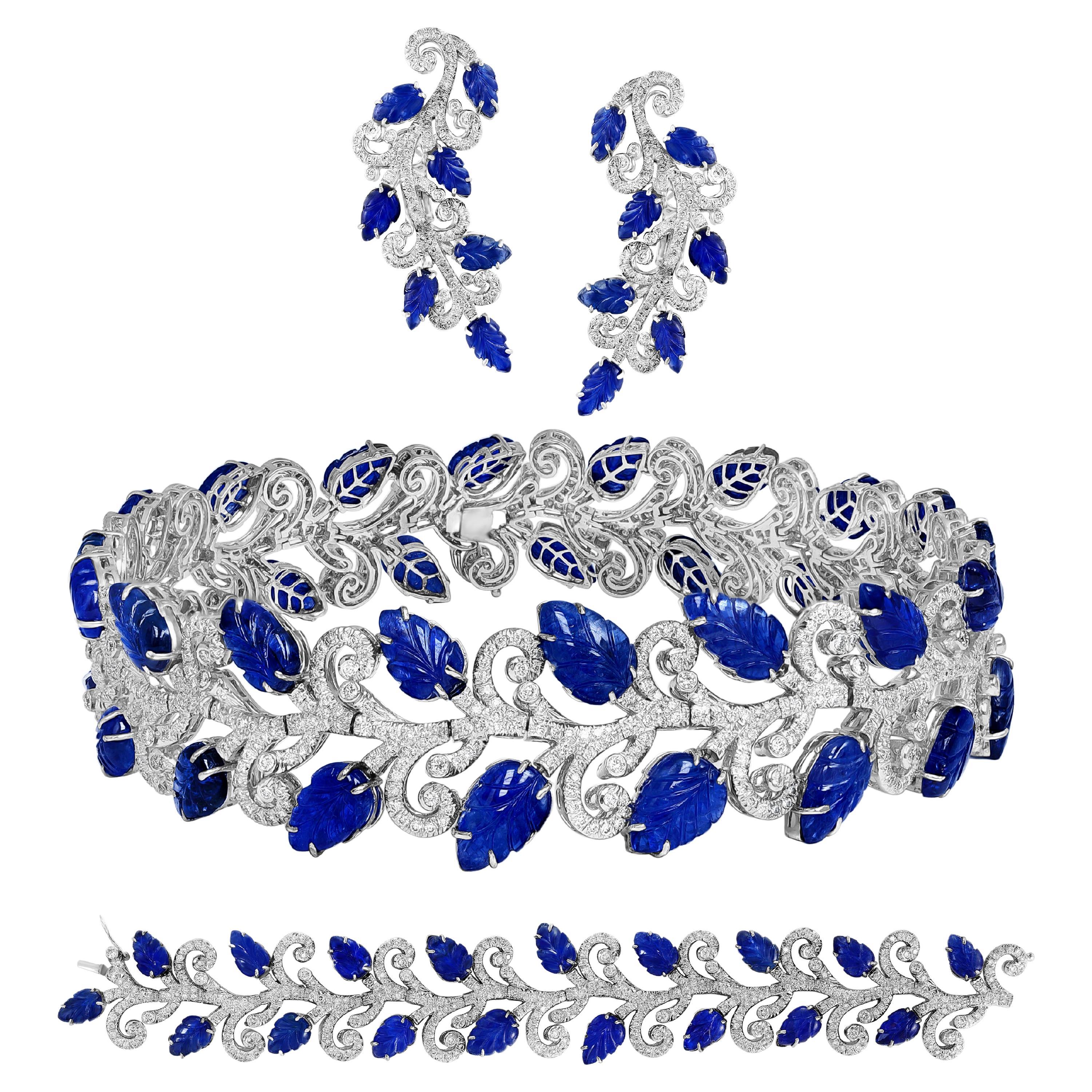 330 Ct Natural Carved Blue Sapphire & 65 Ct Diamond Necklace Bracelet & Earring For Sale