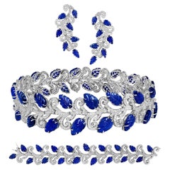 330 Ct Natural Carved Blue Sapphire & 65 Ct Diamond Necklace Bracelet & Earring