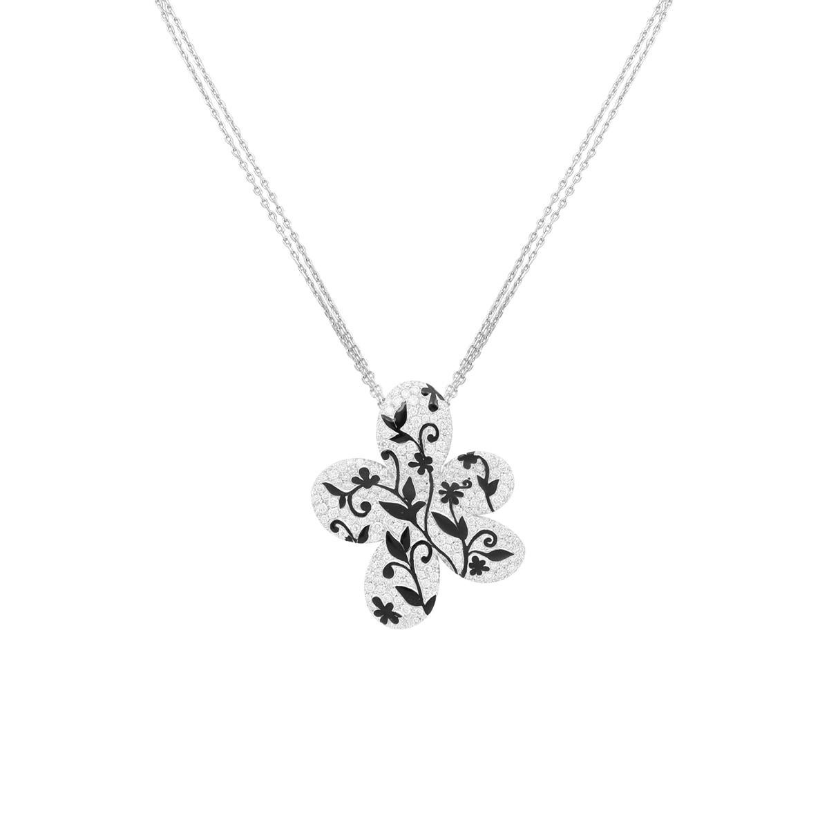 3, 30 Ct Pavè White Diamonds Flower Van Gogh Cocktail Necklace with Black Enamel In New Condition For Sale In Valenza, IT