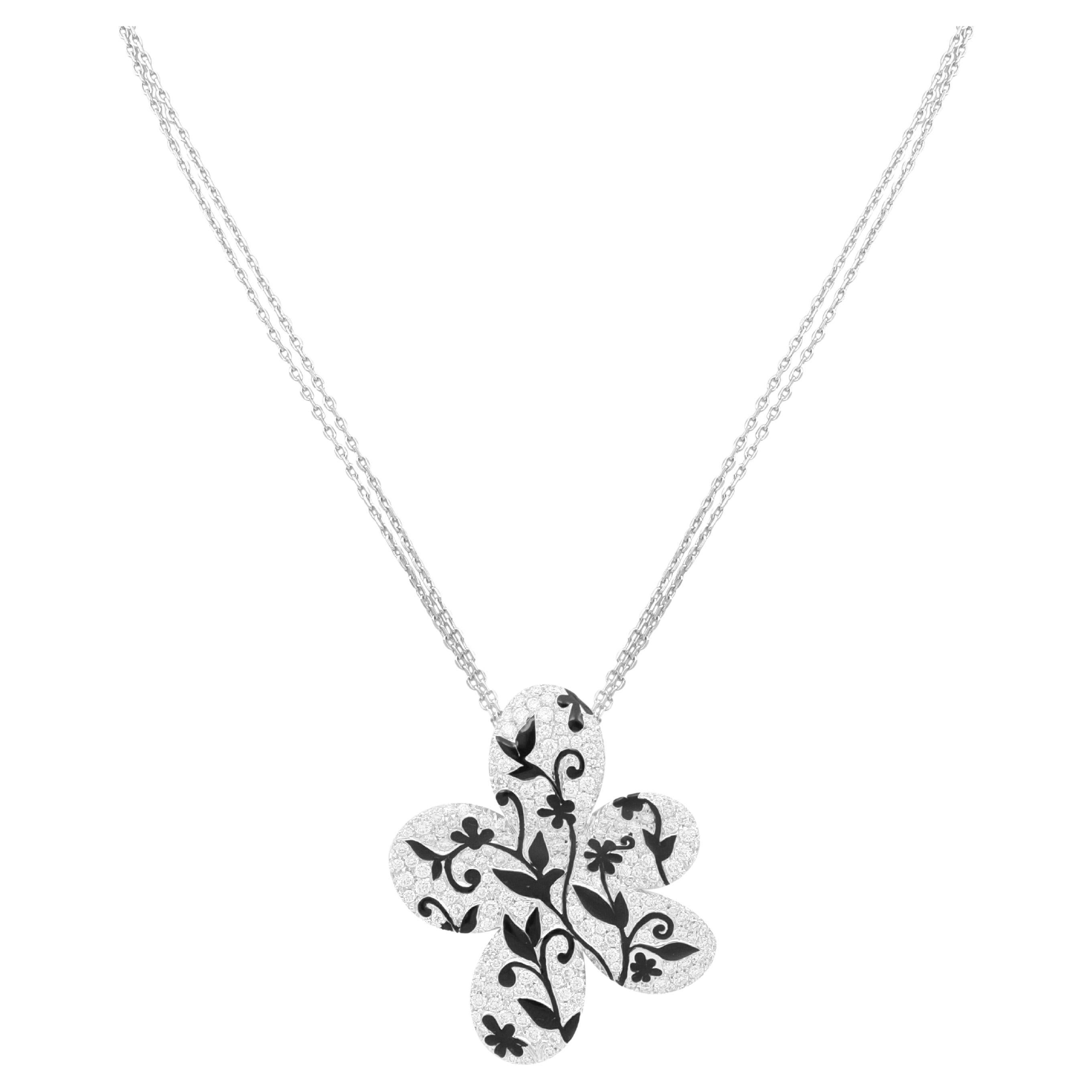 3, 30 Ct Pavè White Diamonds Flower Van Gogh Cocktail Necklace with Black Enamel For Sale