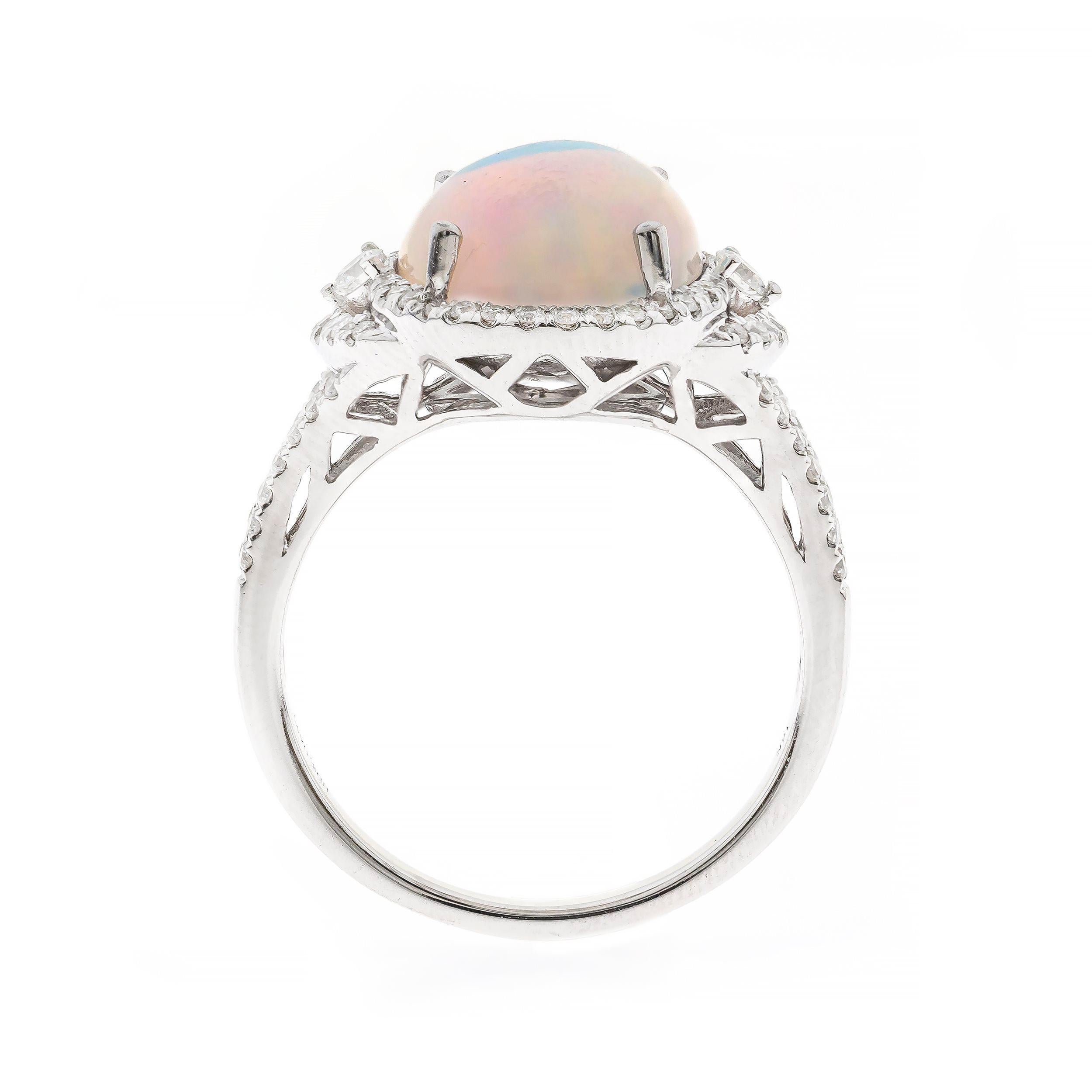 Art Deco 3.30 Oval Cab Ethiopian Opal with Diamond Accents 14K White Gold Ring For Sale