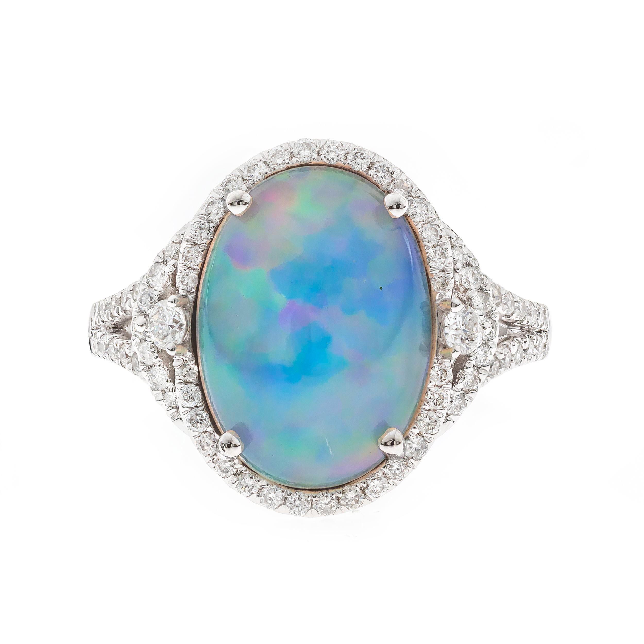 Oval Cut 3.30 Oval Cab Ethiopian Opal with Diamond Accents 14K White Gold Ring For Sale