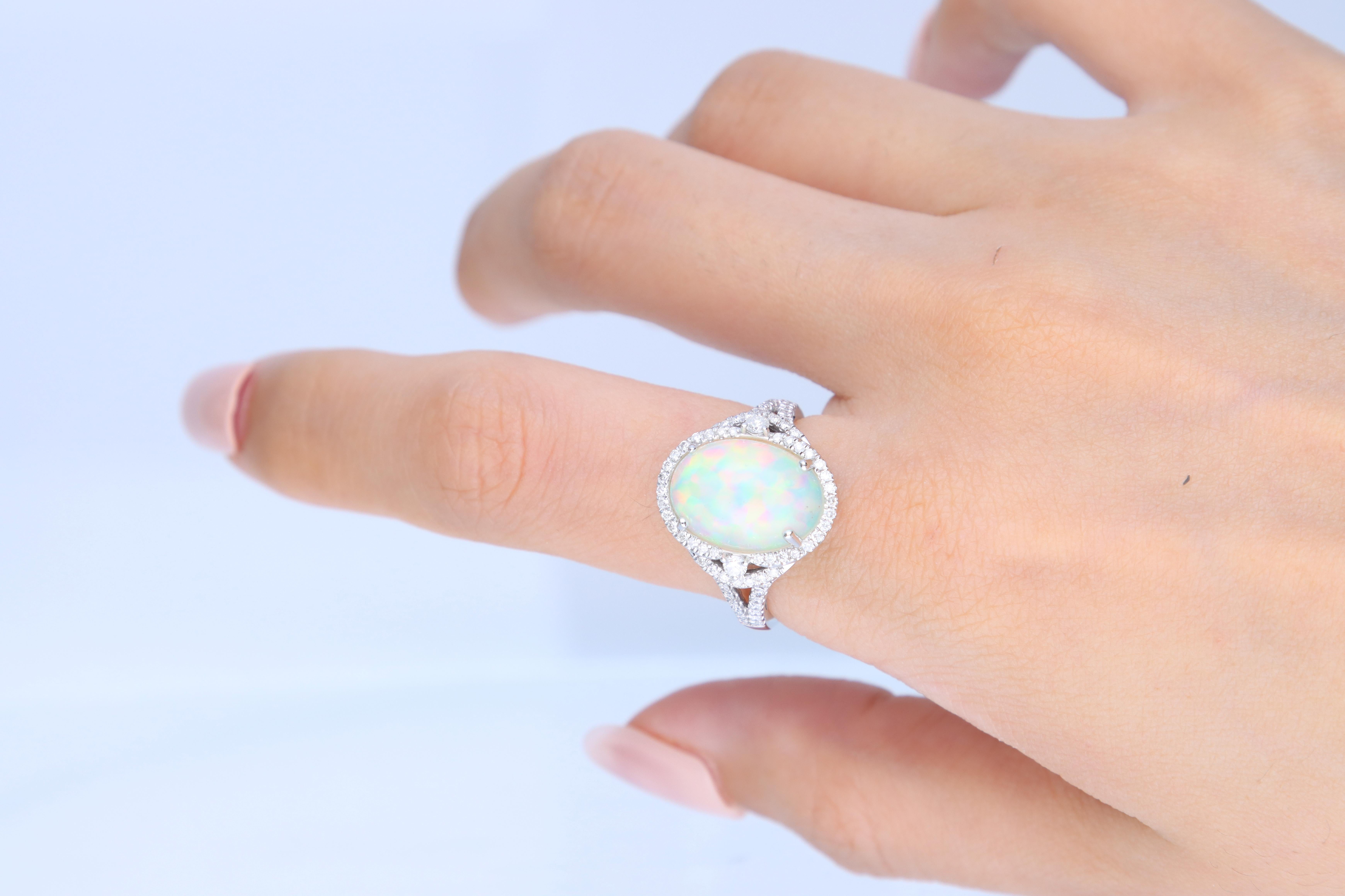 3.30 Oval Cab Ethiopian Opal with Diamond Accents 14K White Gold Ring In New Condition For Sale In New York, NY