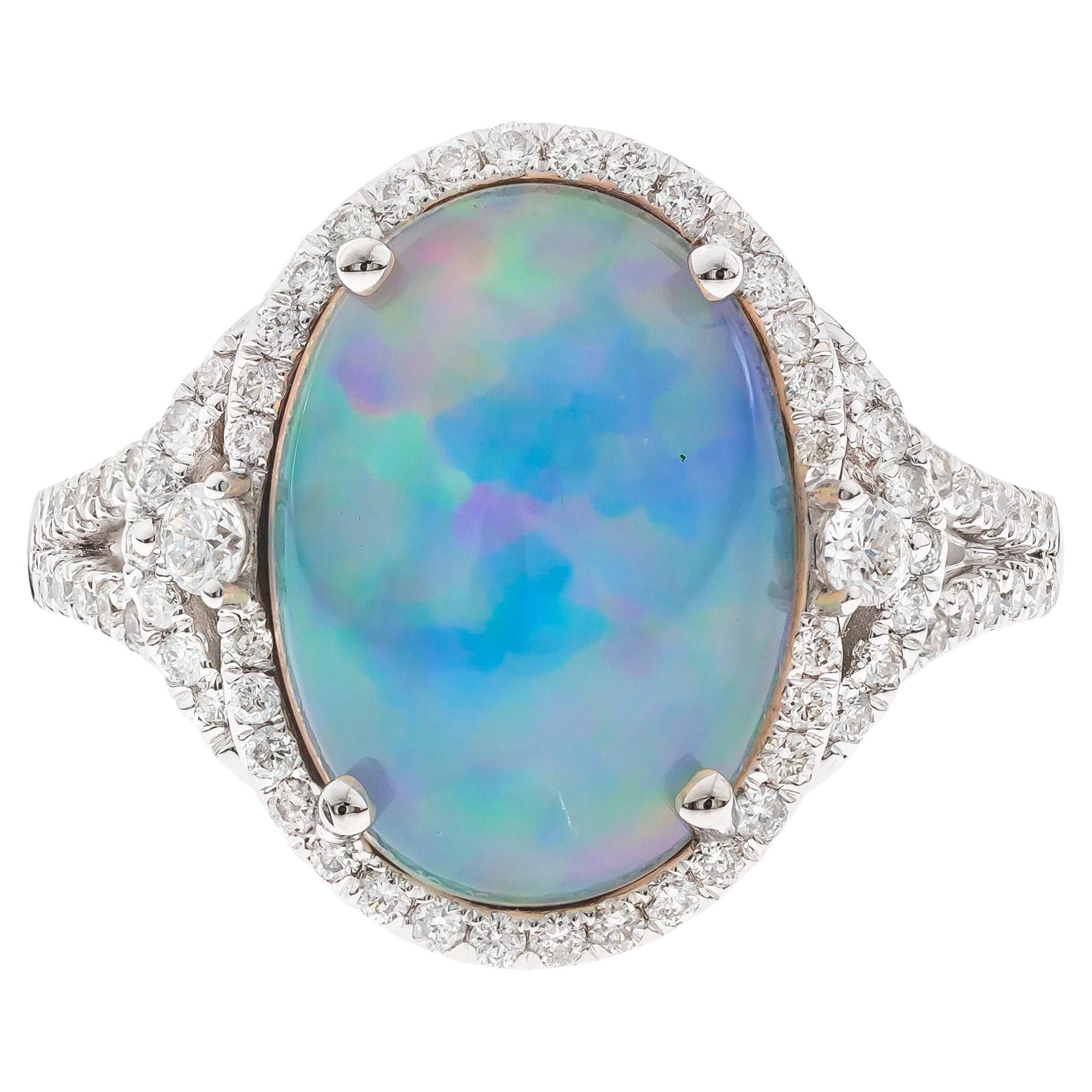 3.30 Oval Cab Ethiopian Opal with Diamond Accents 14K White Gold Ring For Sale