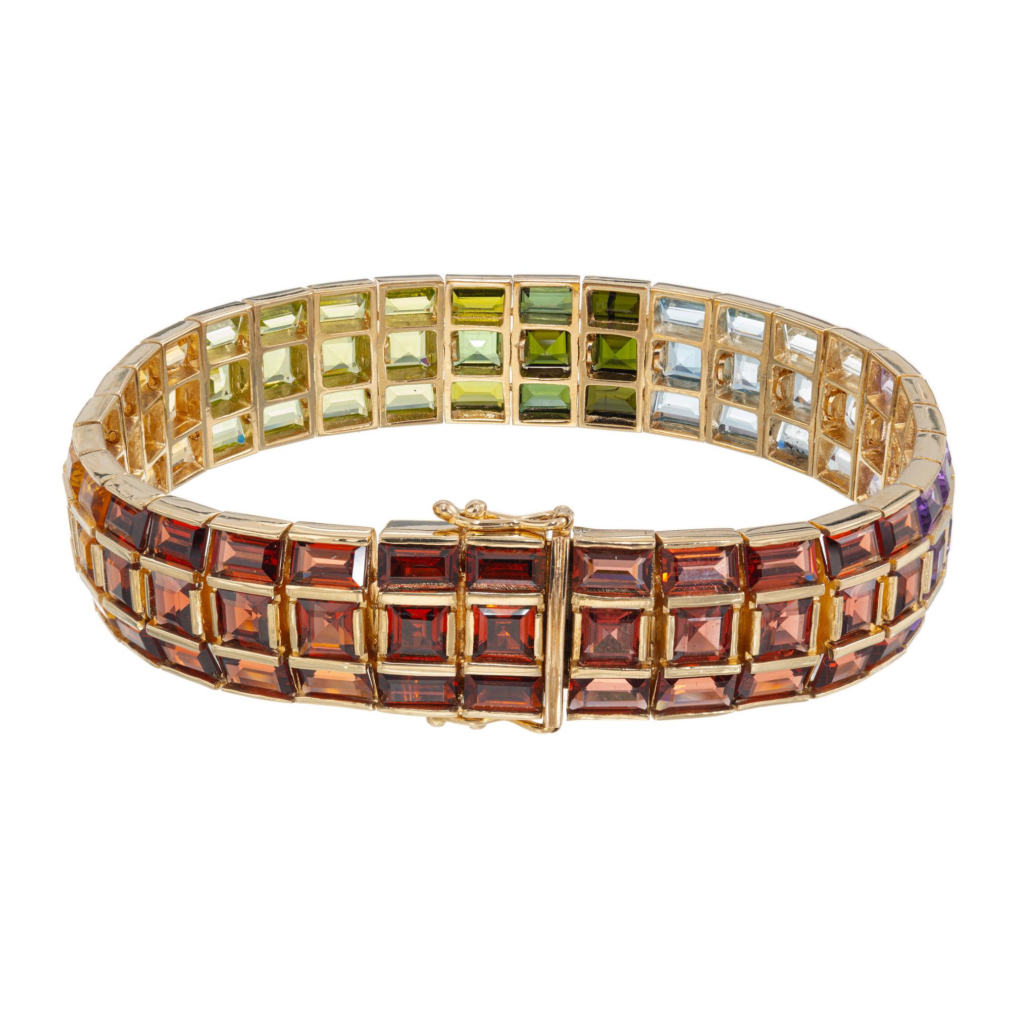 Square Cut 33.00 Carat Garnet Citrine Amethyst Peridot Topaz Three Row Bracelet  For Sale