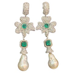 33.00 Ct Mother Pearls 13.00 Ct White Sapphires 2.50 Ct Emeralds Gold Earrings