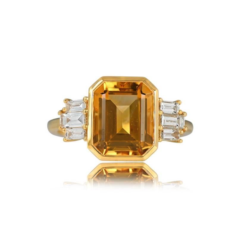 Elevate your style with this distinctive gemstone ring showcasing a bezel-set 3.30 carat emerald-cut natural citrine center stone. The shoulders are adorned with meticulously set baguette-cut diamonds, adding a touch of sophistication. Meticulously