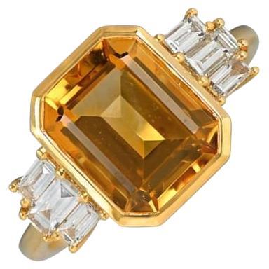 3.30ct Emerald Cut Natural Citrine Cocktail Ring, 18k Yellow Gold