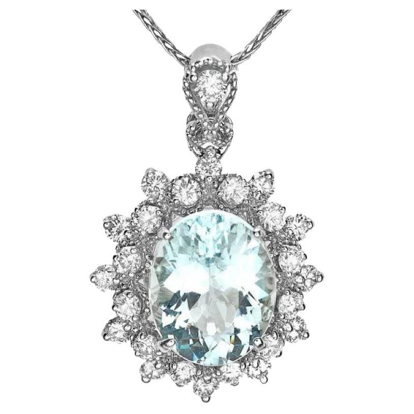 3.30Ct Natural Aquamarine and Diamond 14K Solid White Gold Pendant For Sale