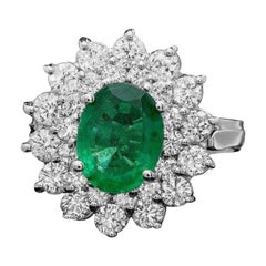 3.30Ct Natural Emerald & Diamond 14K Solid White Gold Ring