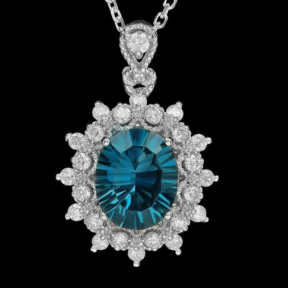 Round Cut 3.30Ct Natural Topaz and Diamond 14K Solid White Gold Pendant For Sale