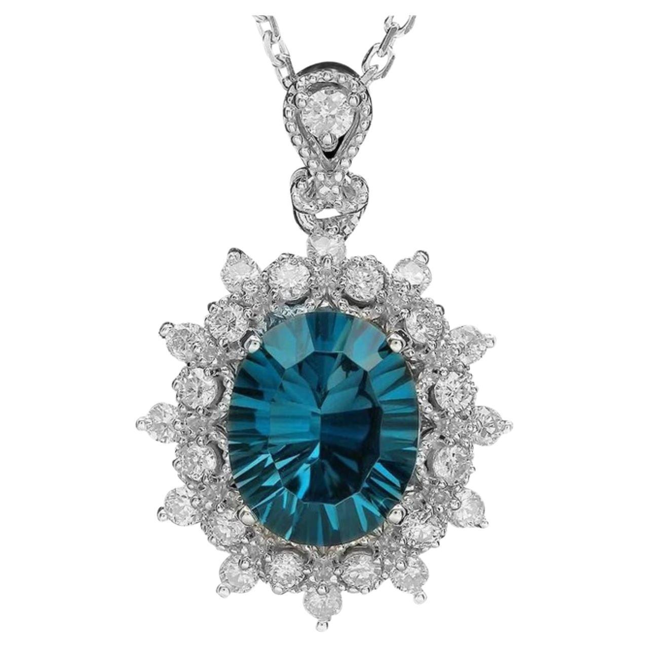 Pendentif en or blanc massif 14 carats avec topaze naturelle de 3,30 carats et diamants