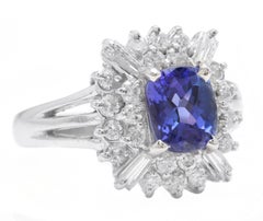 3.30Ct Natural Very Nice Looking Tanzanite and Diamond 18K Solid White Gold Ring
