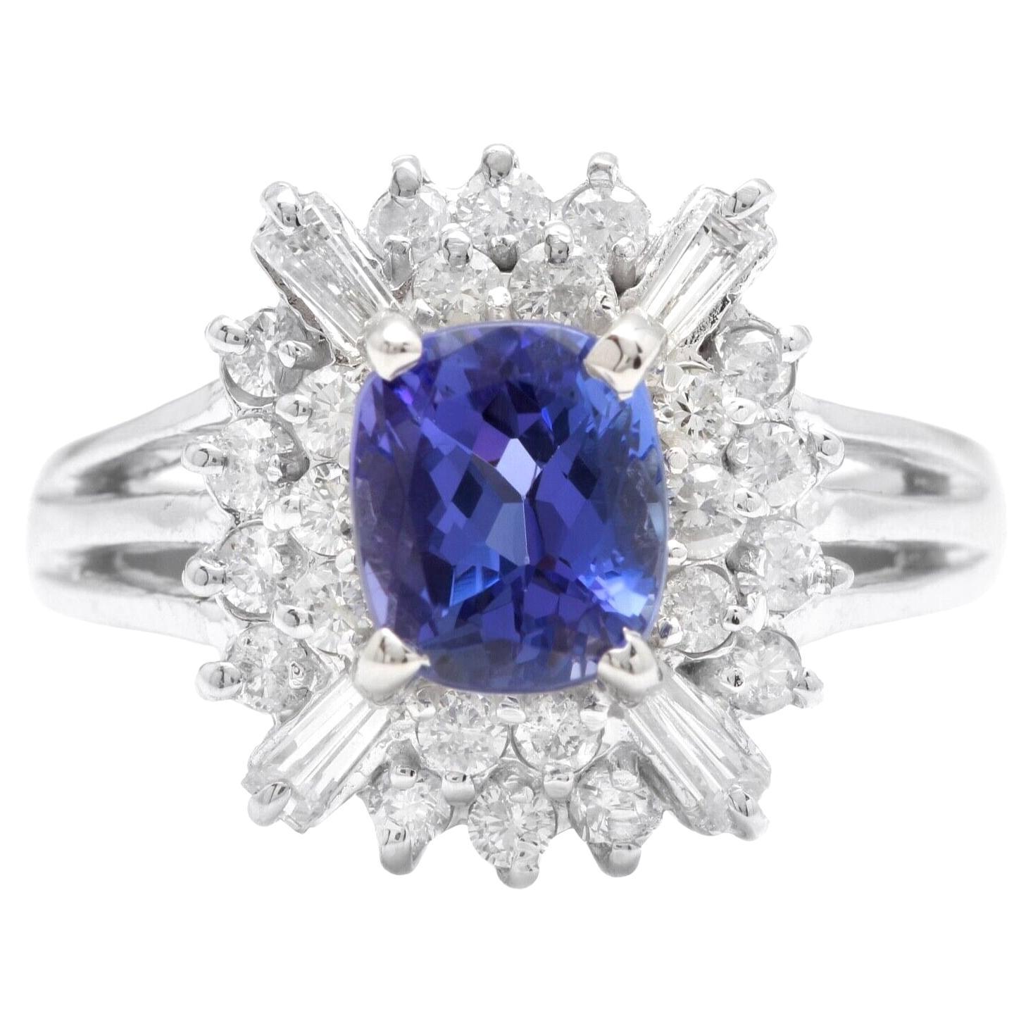 3.30Ct Natural Very Nice Looking Tanzanite and Diamond 18K Solid White Gold Ring For Sale