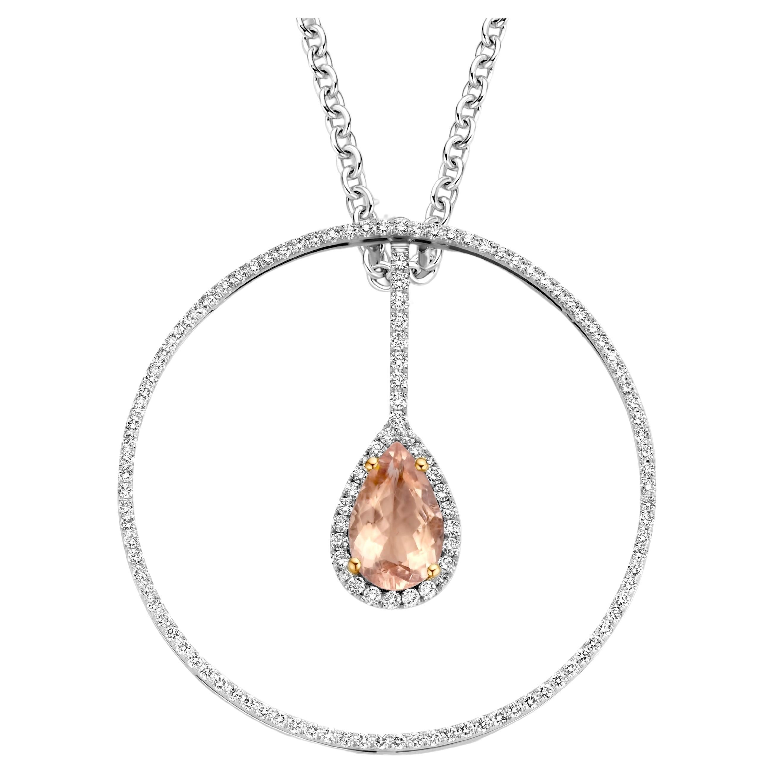 3.30Ct Peach Morganite Diamond 18 Karat White Gold Contemporary Pendant Necklace